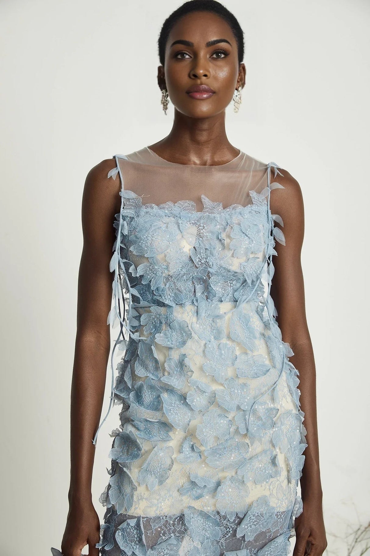Angela Midi Dress - Sleeveless - Lace Overlay - Faux - Flower and Sequin Detailing - Semi - Sheer Construction