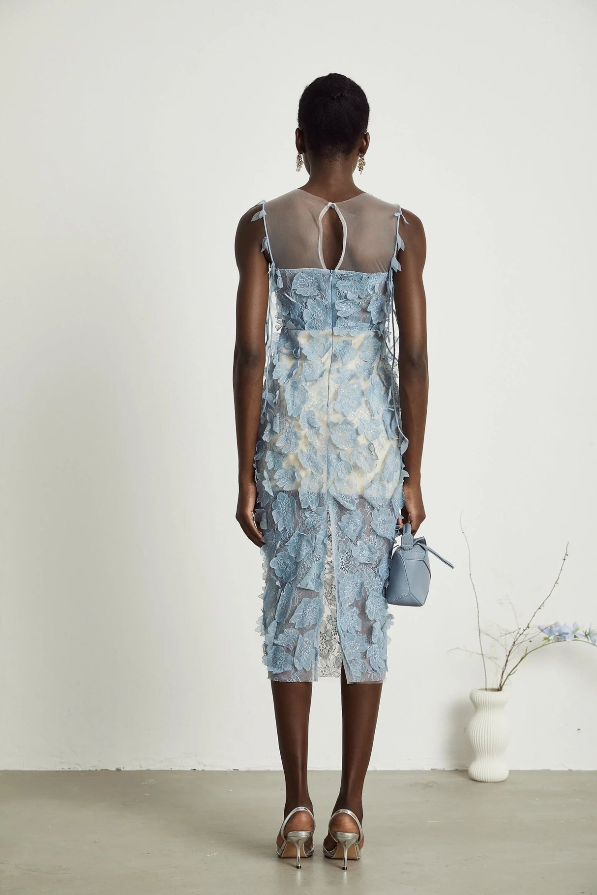 Angela Midi Dress - Sleeveless - Lace Overlay - Faux - Flower and Sequin Detailing - Semi - Sheer Construction