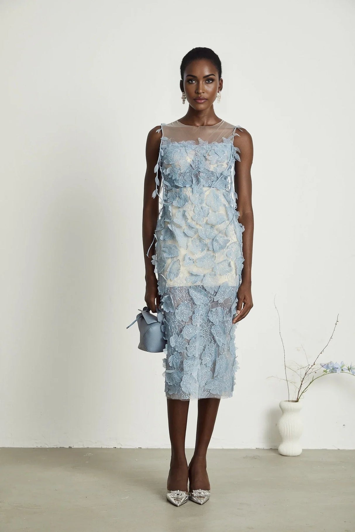 Angela Midi Dress - Sleeveless - Lace Overlay - Faux - Flower and Sequin Detailing - Semi - Sheer Construction