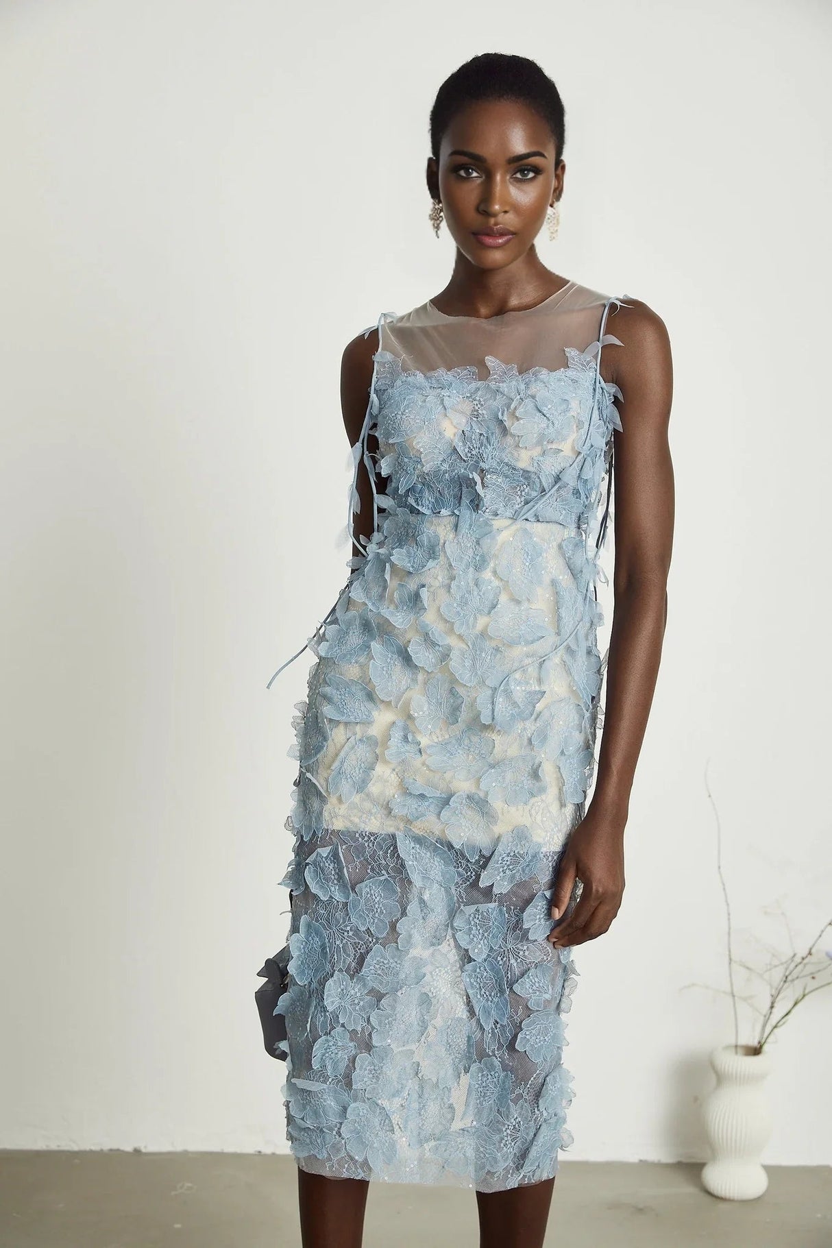 Angela Midi Dress - Sleeveless - Lace Overlay - Faux - Flower and Sequin Detailing - Semi - Sheer Construction