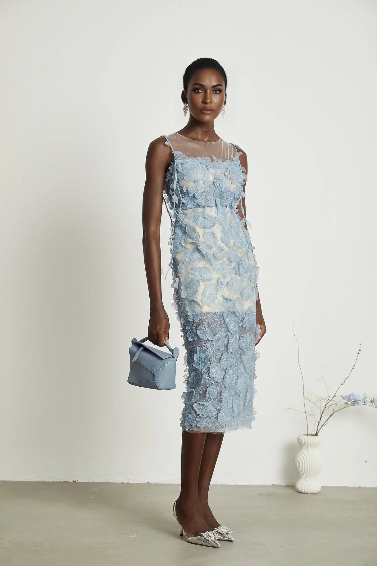 Angela Midi Dress - Sleeveless - Lace Overlay - Faux - Flower and Sequin Detailing - Semi - Sheer Construction