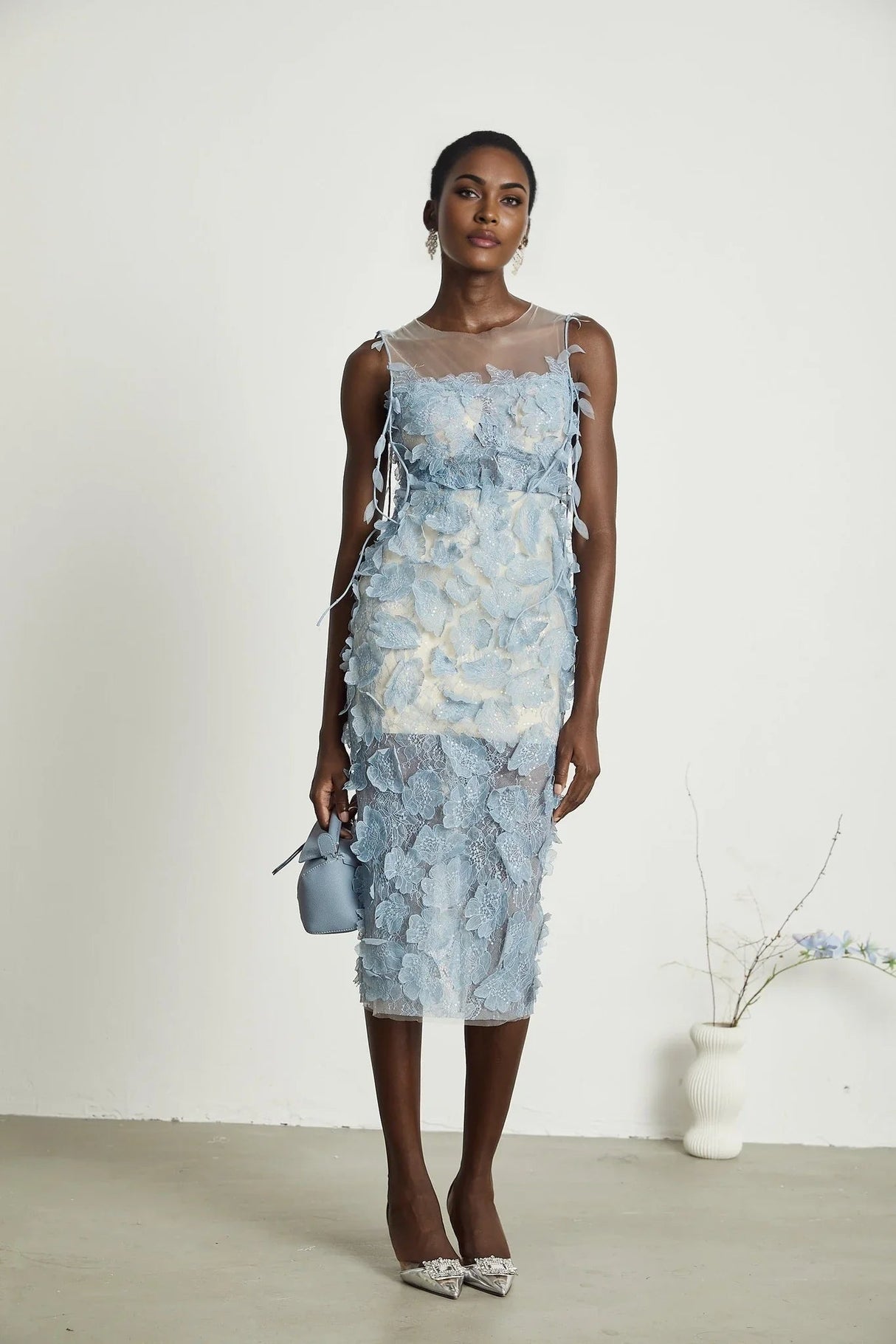Angela Midi Dress - Sleeveless - Lace Overlay - Faux - Flower and Sequin Detailing - Semi - Sheer Construction