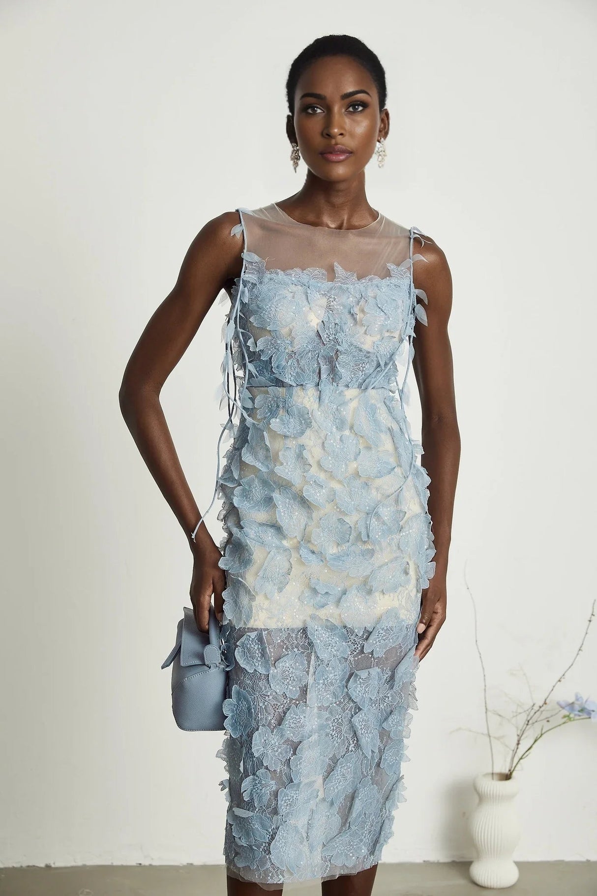 Angela Midi Dress - Sleeveless - Lace Overlay - Faux - Flower and Sequin Detailing - Semi - Sheer Construction