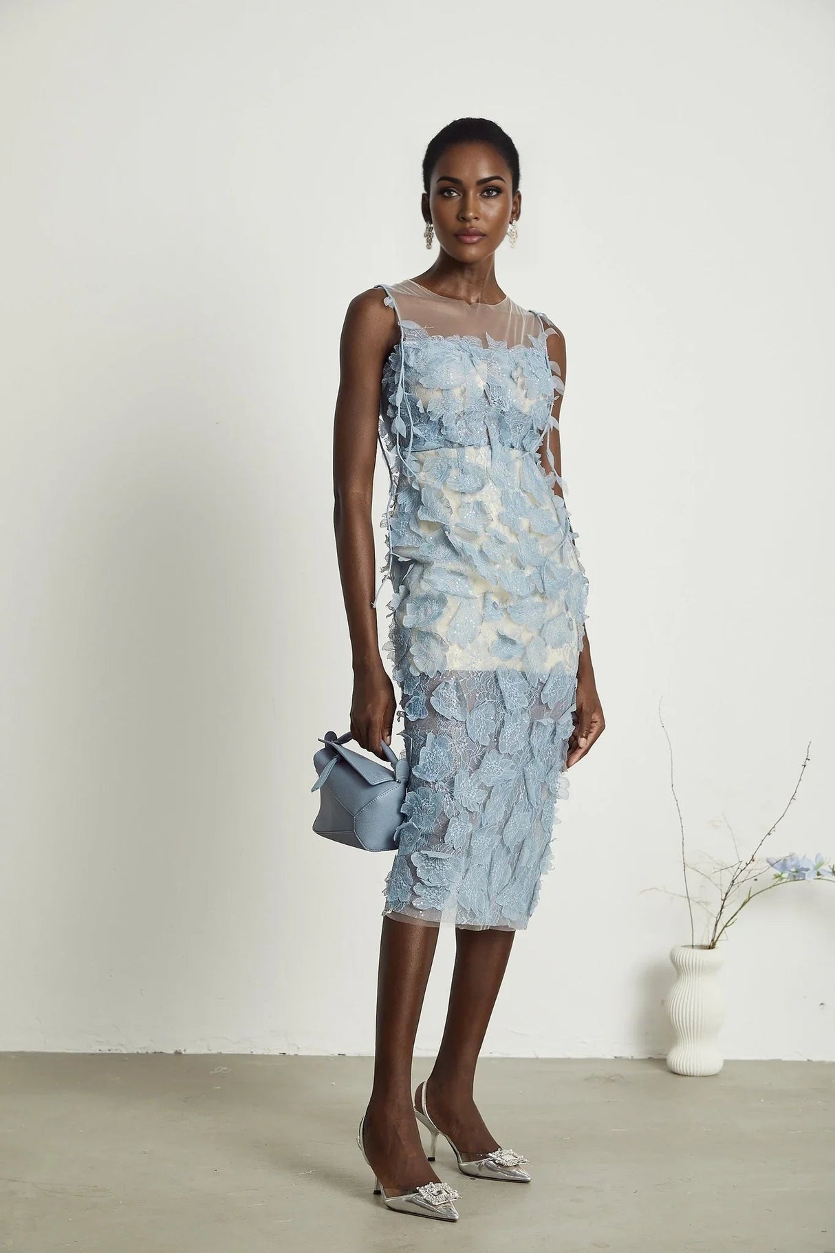 Angela Midi Dress - Sleeveless - Lace Overlay - Faux - Flower and Sequin Detailing - Semi - Sheer Construction