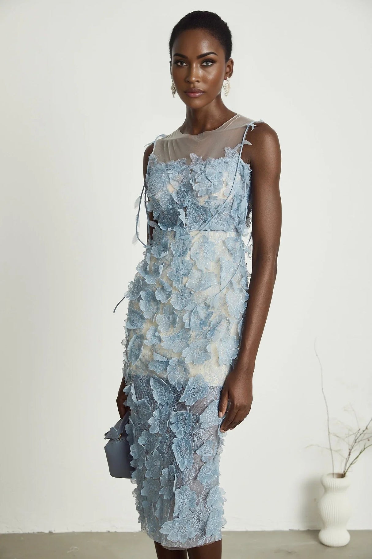 Angela Midi Dress - Sleeveless - Lace Overlay - Faux - Flower and Sequin Detailing - Semi - Sheer Construction