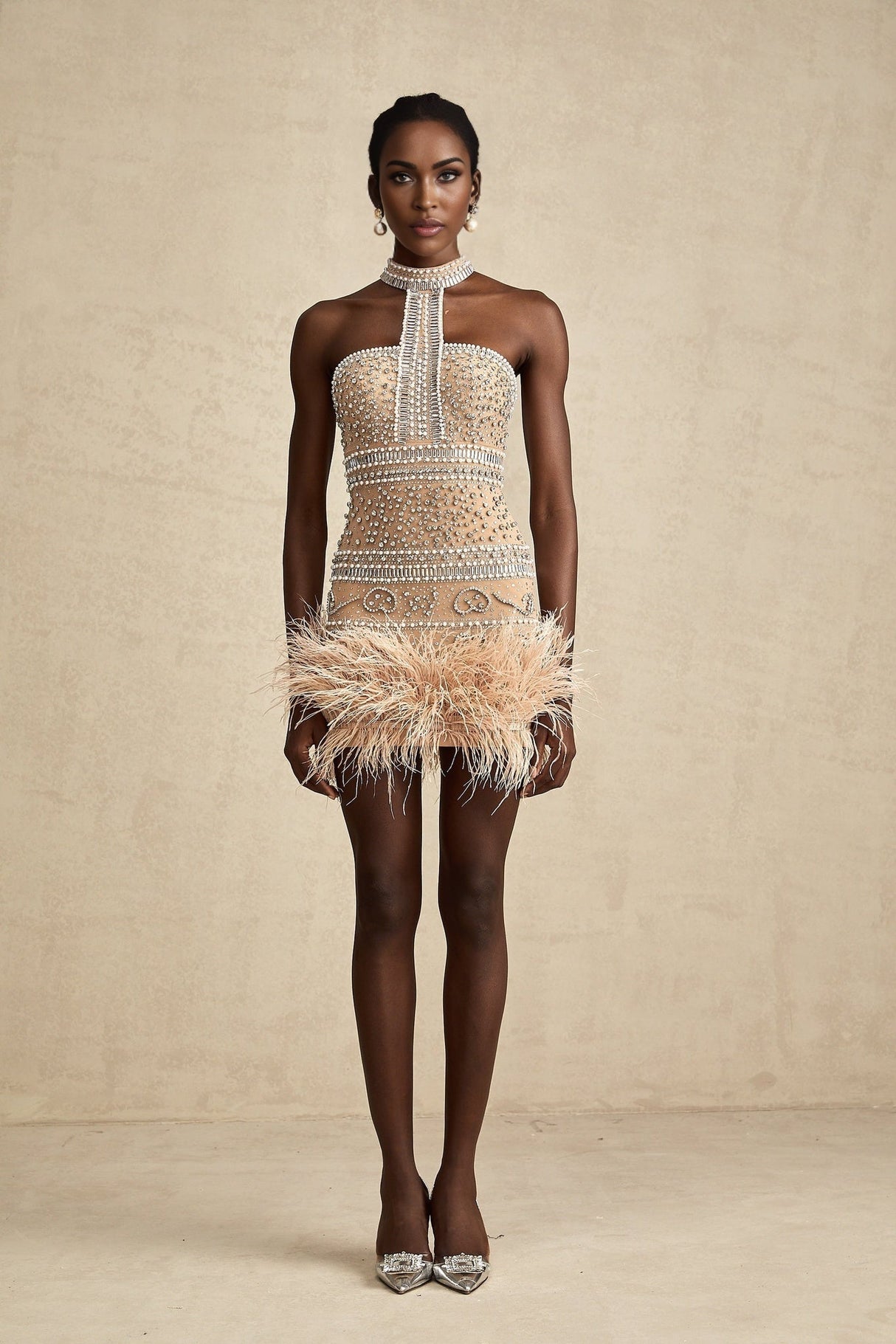 Angela Mini Dress – Halterneck – Feather - trimmed – Crystal Embellishment