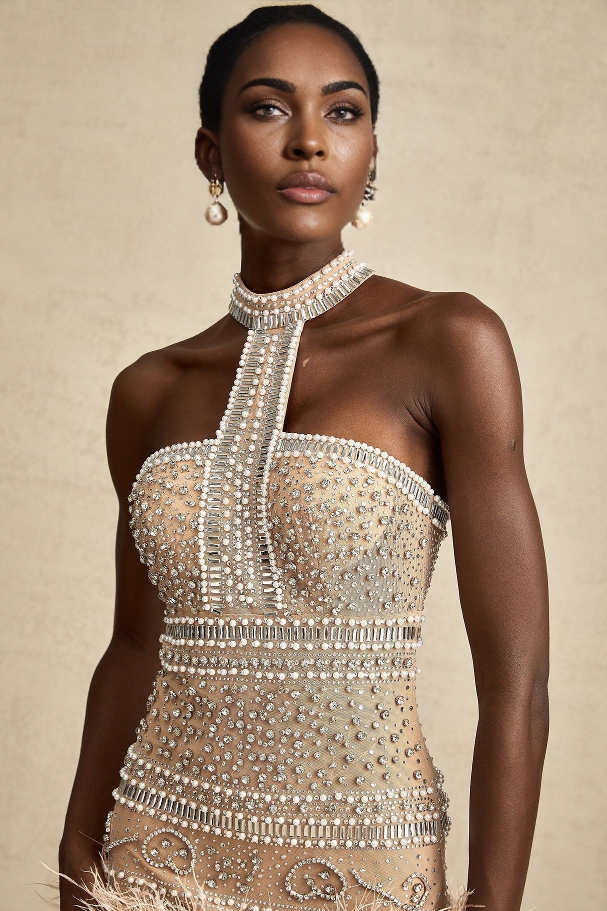 Angela Mini Dress – Halterneck – Feather - trimmed – Crystal Embellishment
