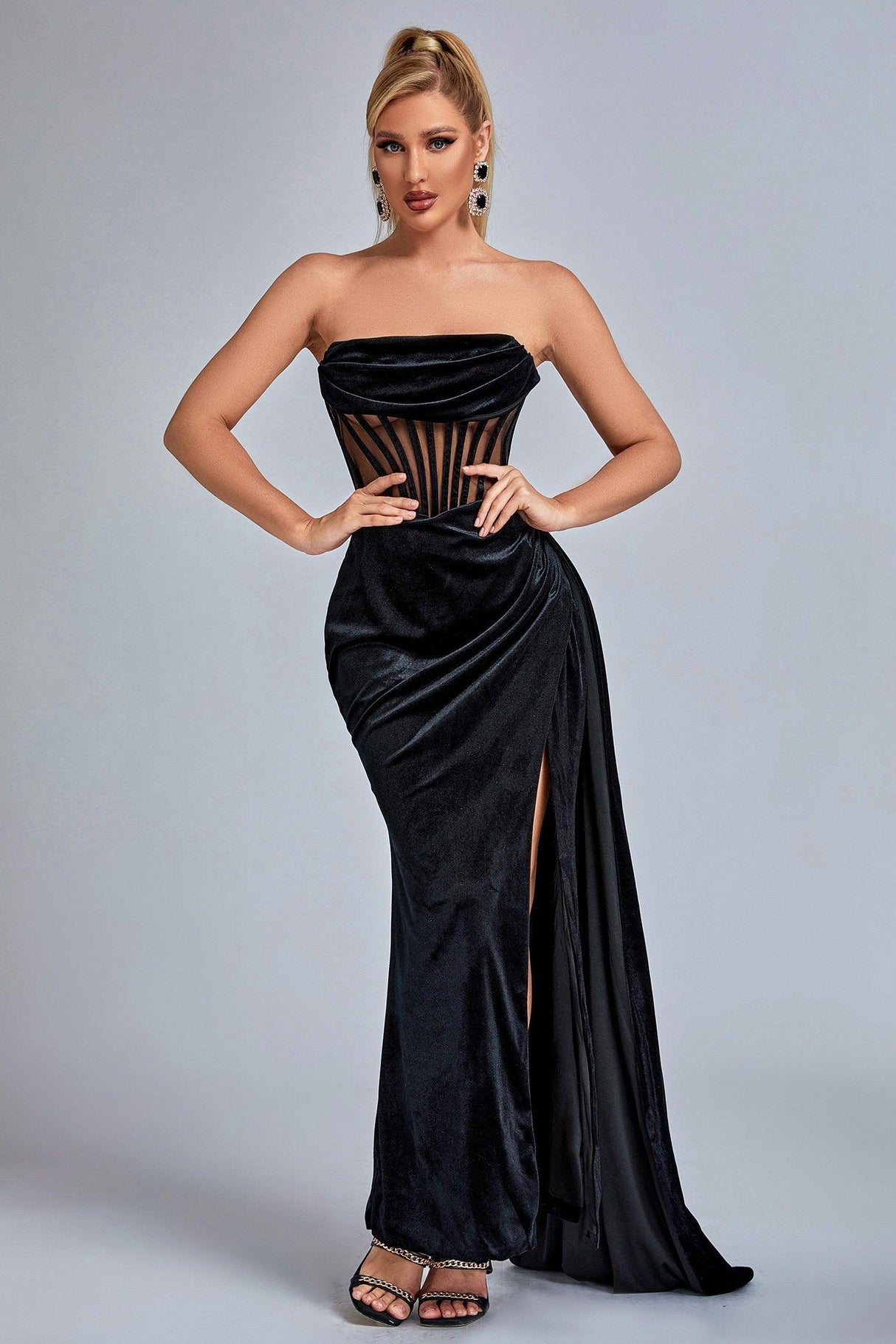 Angelica Black Velvet Corset Detail Strapless Slit Dress