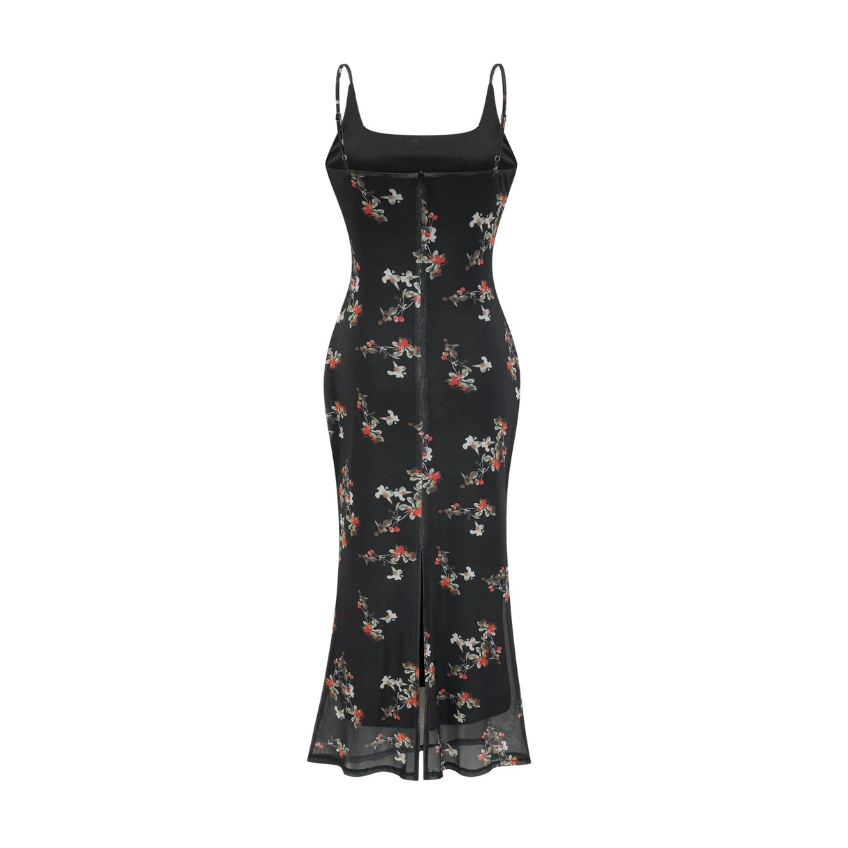 Angelica Floral Midi Dress - Delicate Spaghetti Straps - Square Neckline - Low - Cut Back - Chic Rear Slit Detail