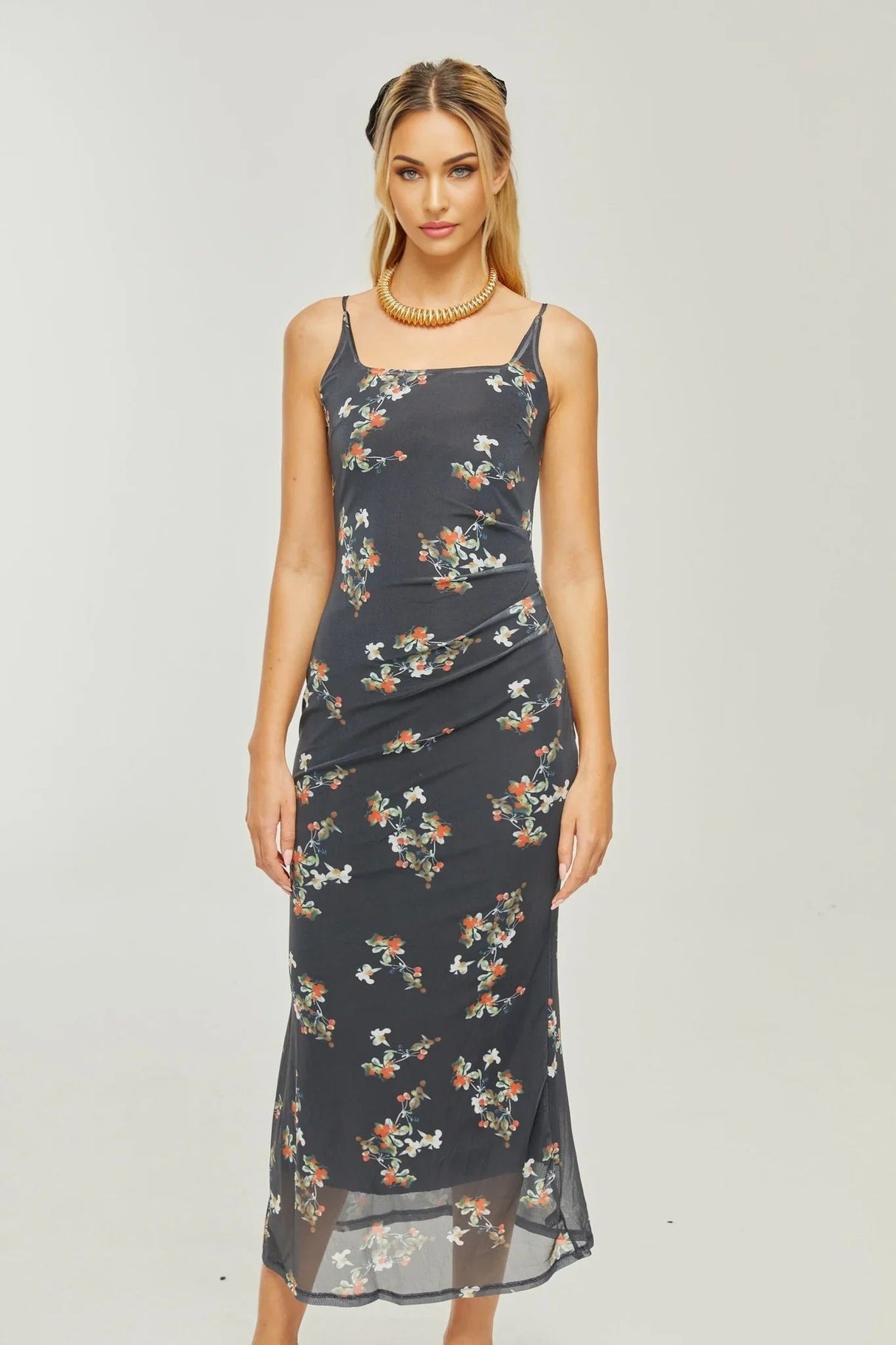 Angelica Floral Midi Dress - Delicate Spaghetti Straps - Square Neckline - Low - Cut Back - Chic Rear Slit Detail