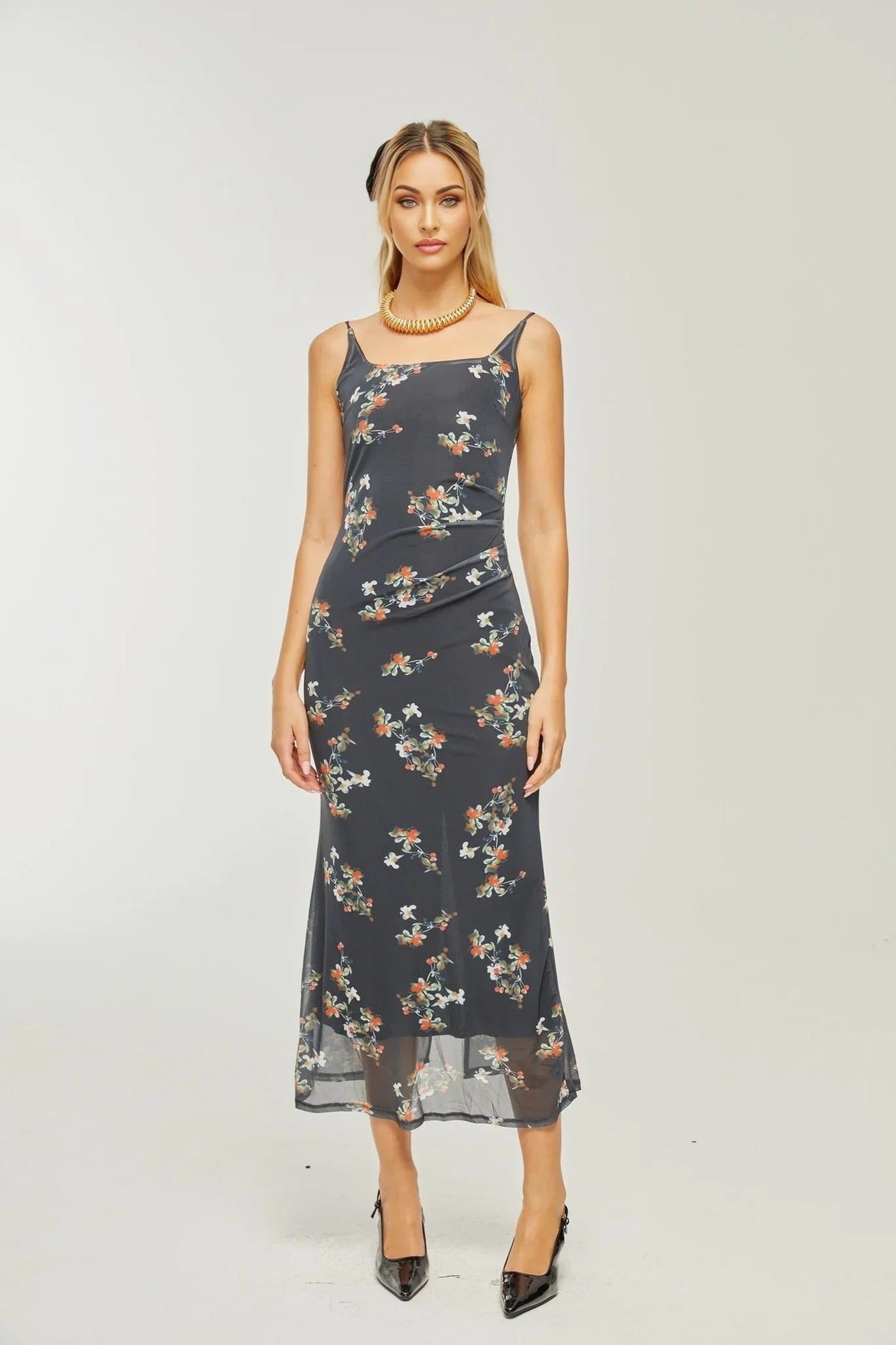 Angelica Floral Midi Dress - Delicate Spaghetti Straps - Square Neckline - Low - Cut Back - Chic Rear Slit Detail