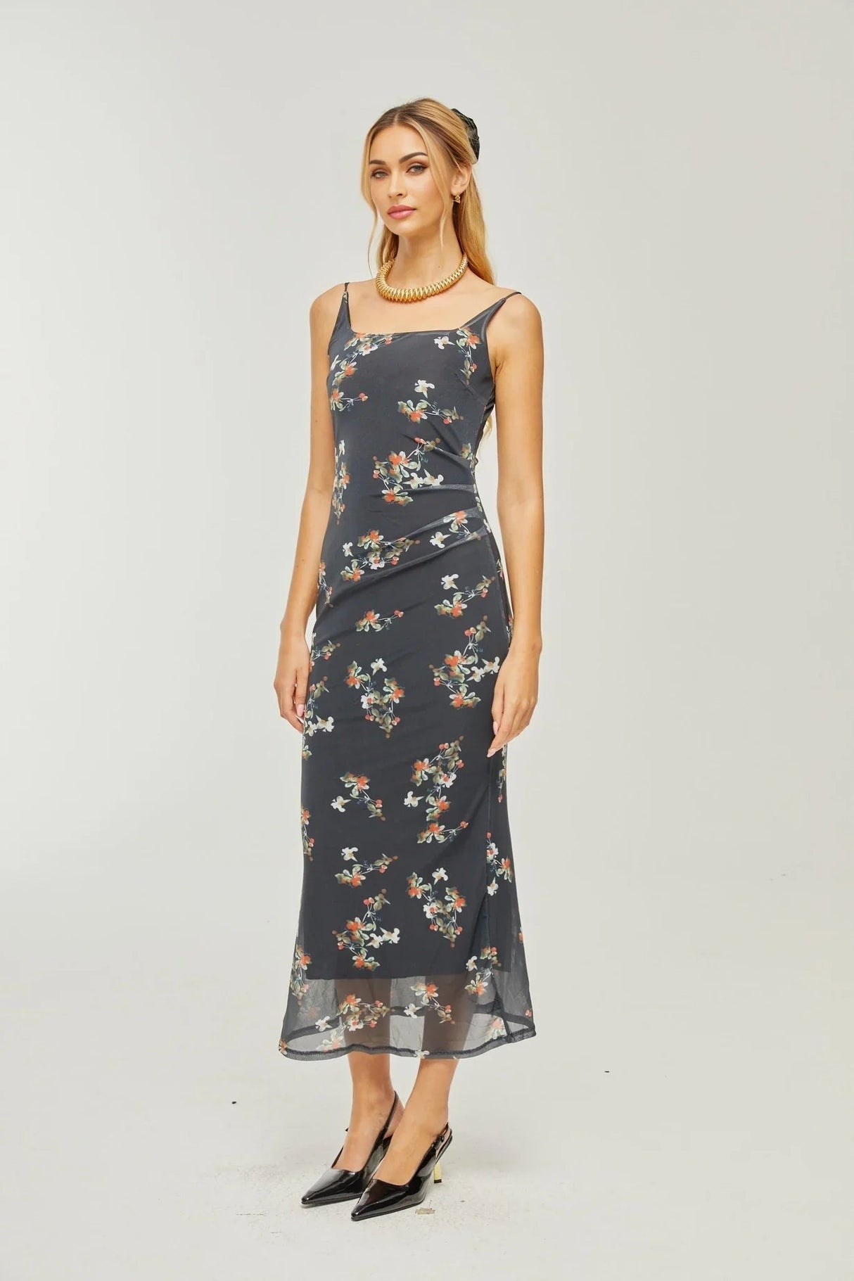 Angelica Floral Midi Dress - Delicate Spaghetti Straps - Square Neckline - Low - Cut Back - Chic Rear Slit Detail