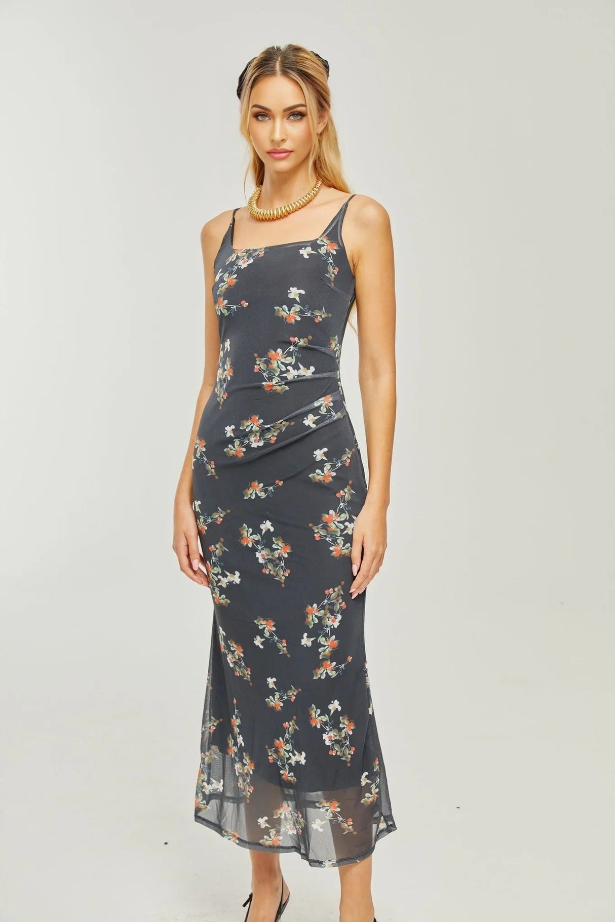 Angelica Floral Midi Dress - Delicate Spaghetti Straps - Square Neckline - Low - Cut Back - Chic Rear Slit Detail