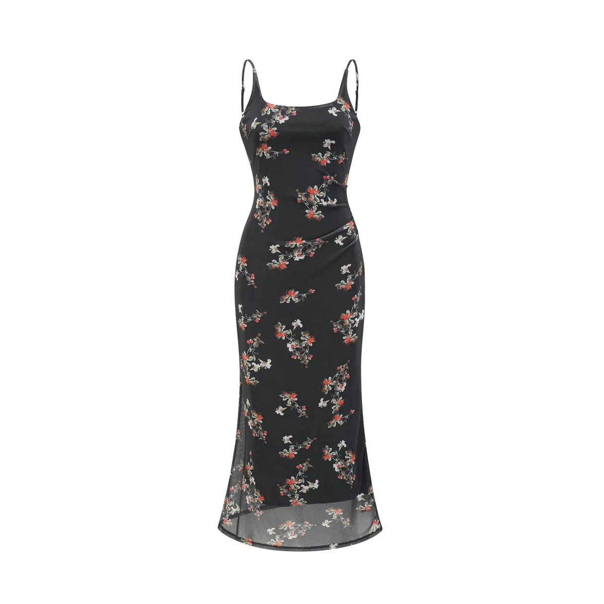 Angelica Floral Midi Dress - Delicate Spaghetti Straps - Square Neckline - Low - Cut Back - Chic Rear Slit Detail