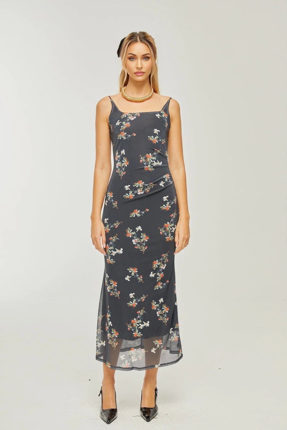 Angelica Floral Midi Dress - Delicate Spaghetti Straps - Square Neckline - Low - Cut Back - Chic Rear Slit Detail