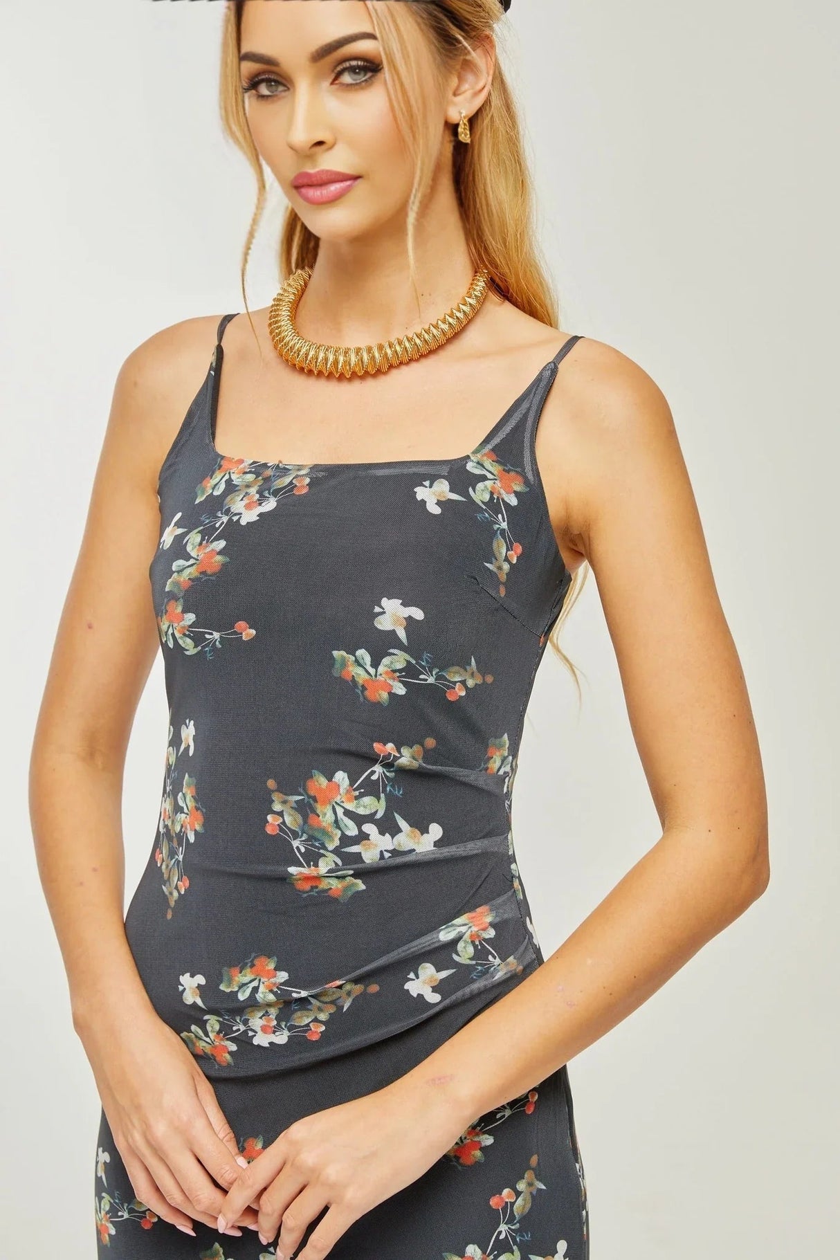 Angelica Floral Midi Dress - Delicate Spaghetti Straps - Square Neckline - Low - Cut Back - Chic Rear Slit Detail