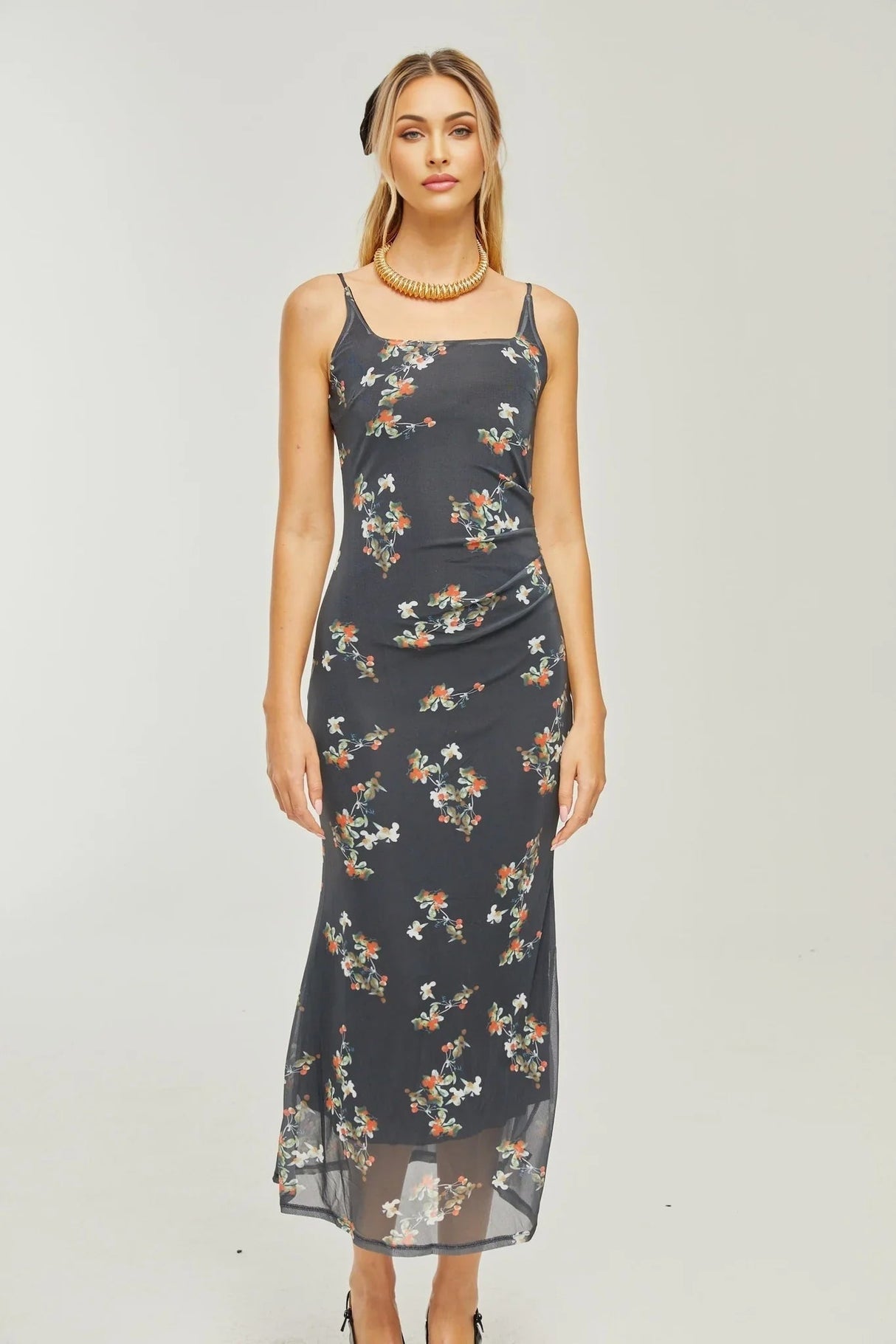 Angelica Floral Midi Dress - Delicate Spaghetti Straps - Square Neckline - Low - Cut Back - Chic Rear Slit Detail