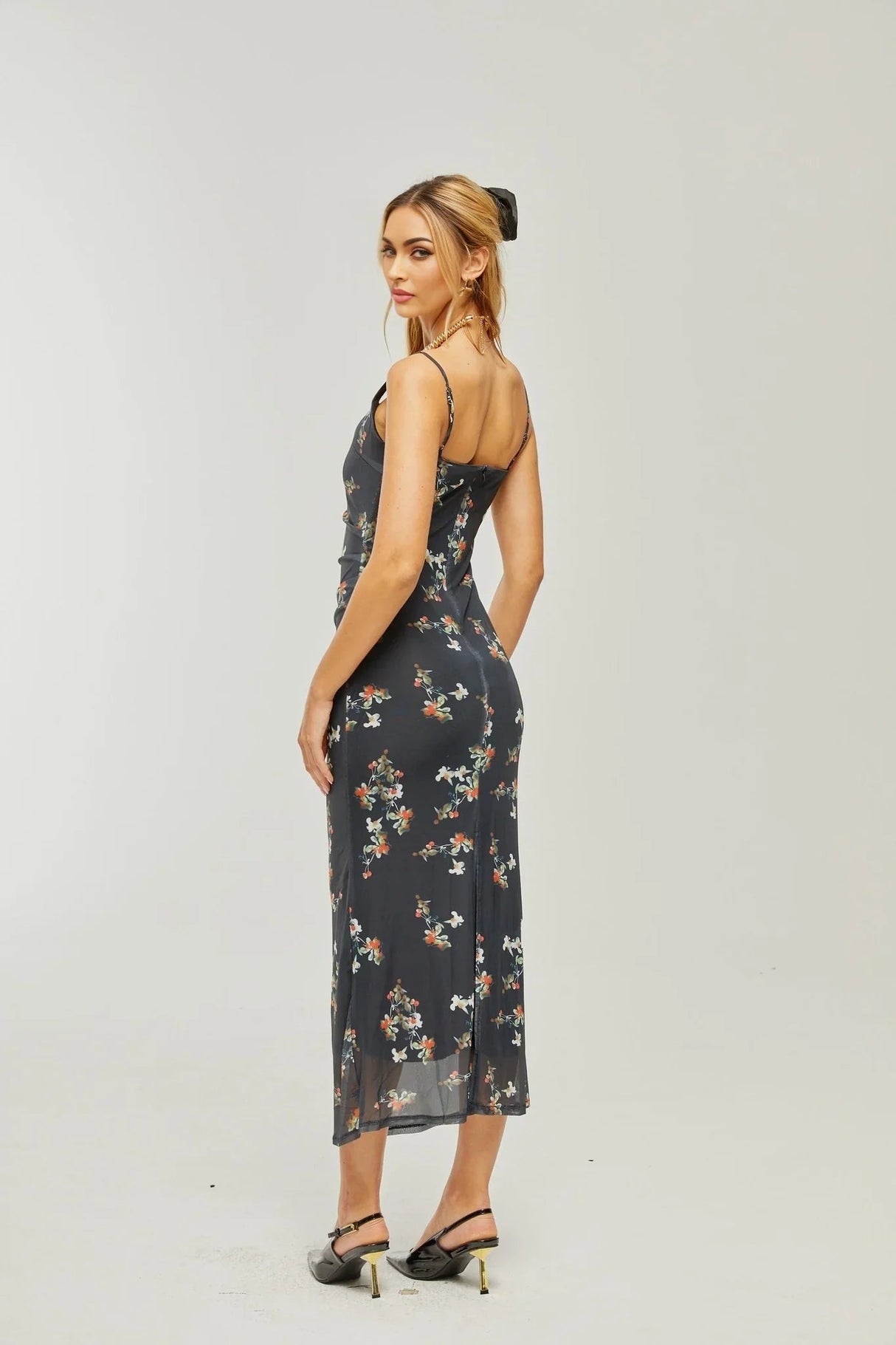 Angelica Floral Midi Dress - Delicate Spaghetti Straps - Square Neckline - Low - Cut Back - Chic Rear Slit Detail