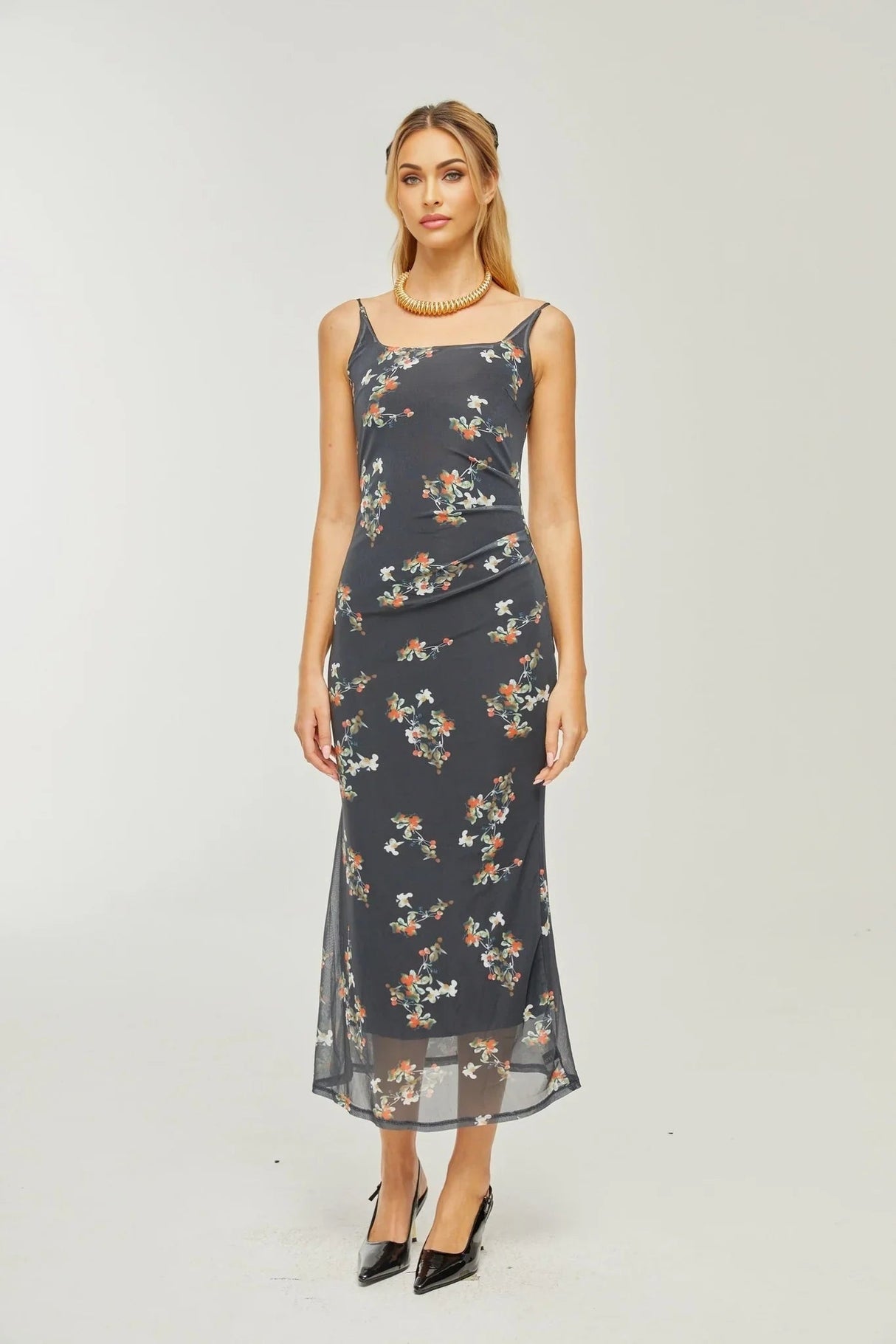 Angelica Floral Midi Dress - Delicate Spaghetti Straps - Square Neckline - Low - Cut Back - Chic Rear Slit Detail