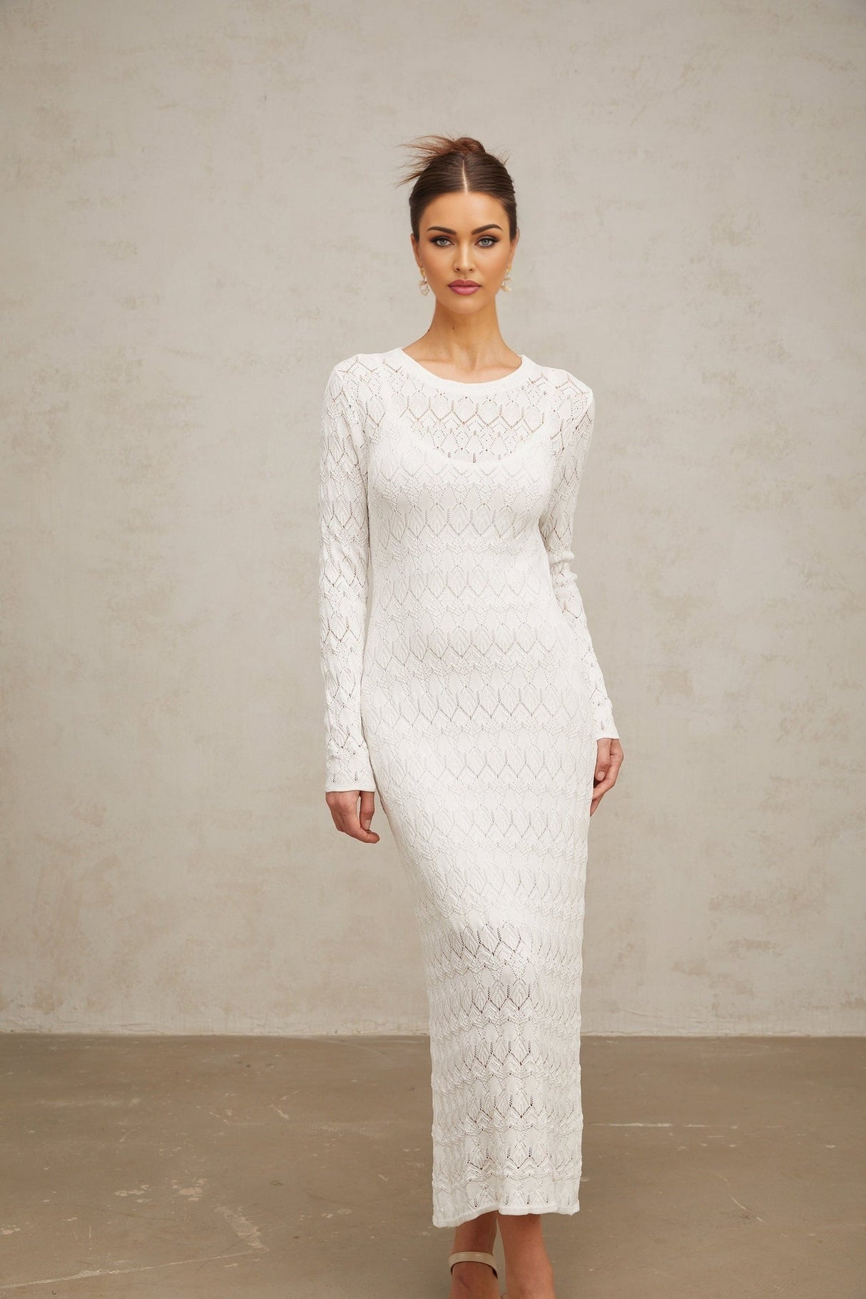 Angelica Midi Dress - Round Neck - Long Sleeves - Crochet Knit - Rear Slit