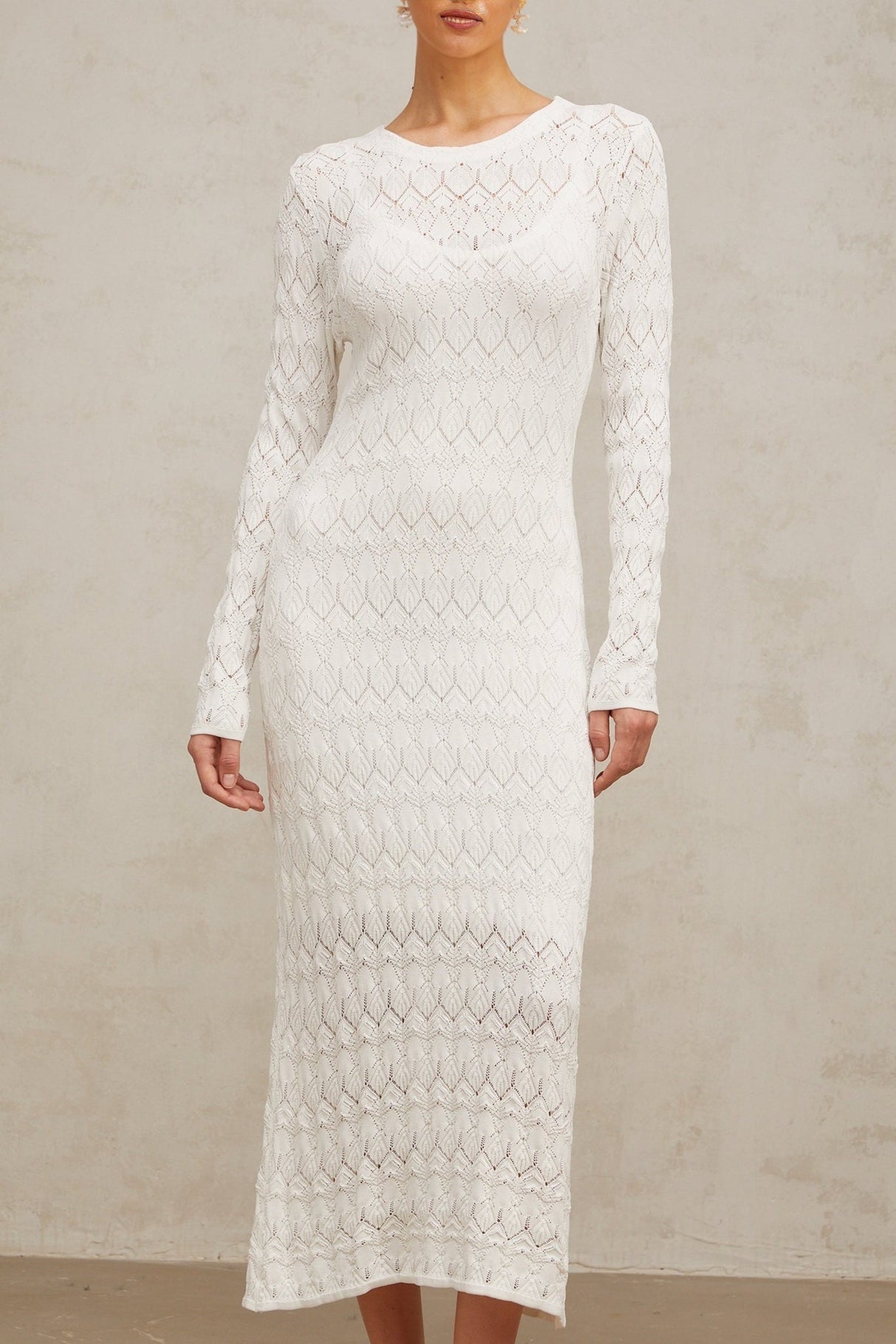 Angelica Midi Dress - Round Neck - Long Sleeves - Crochet Knit - Rear Slit