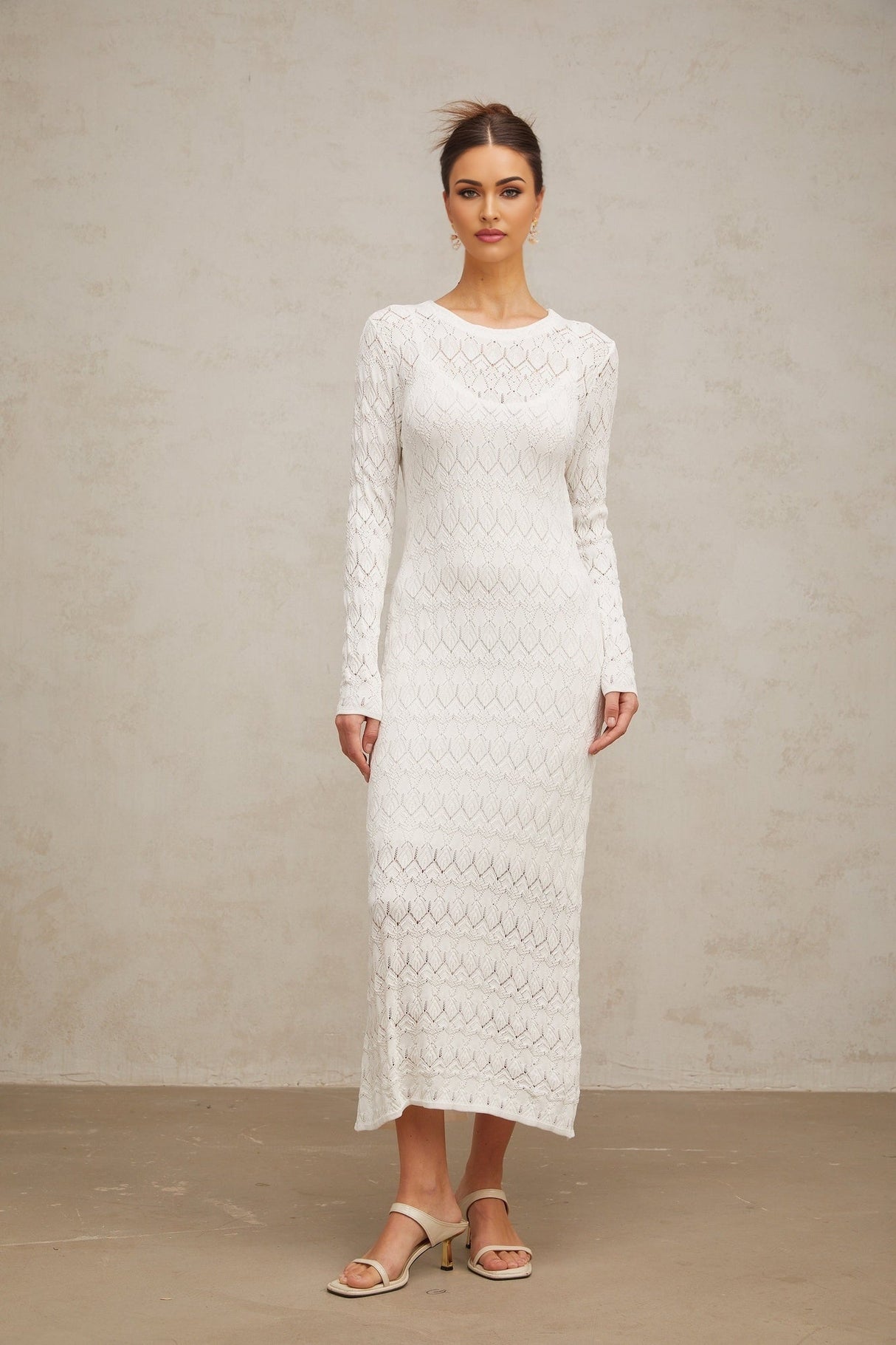 Angelica Midi Dress - Round Neck - Long Sleeves - Crochet Knit - Rear Slit
