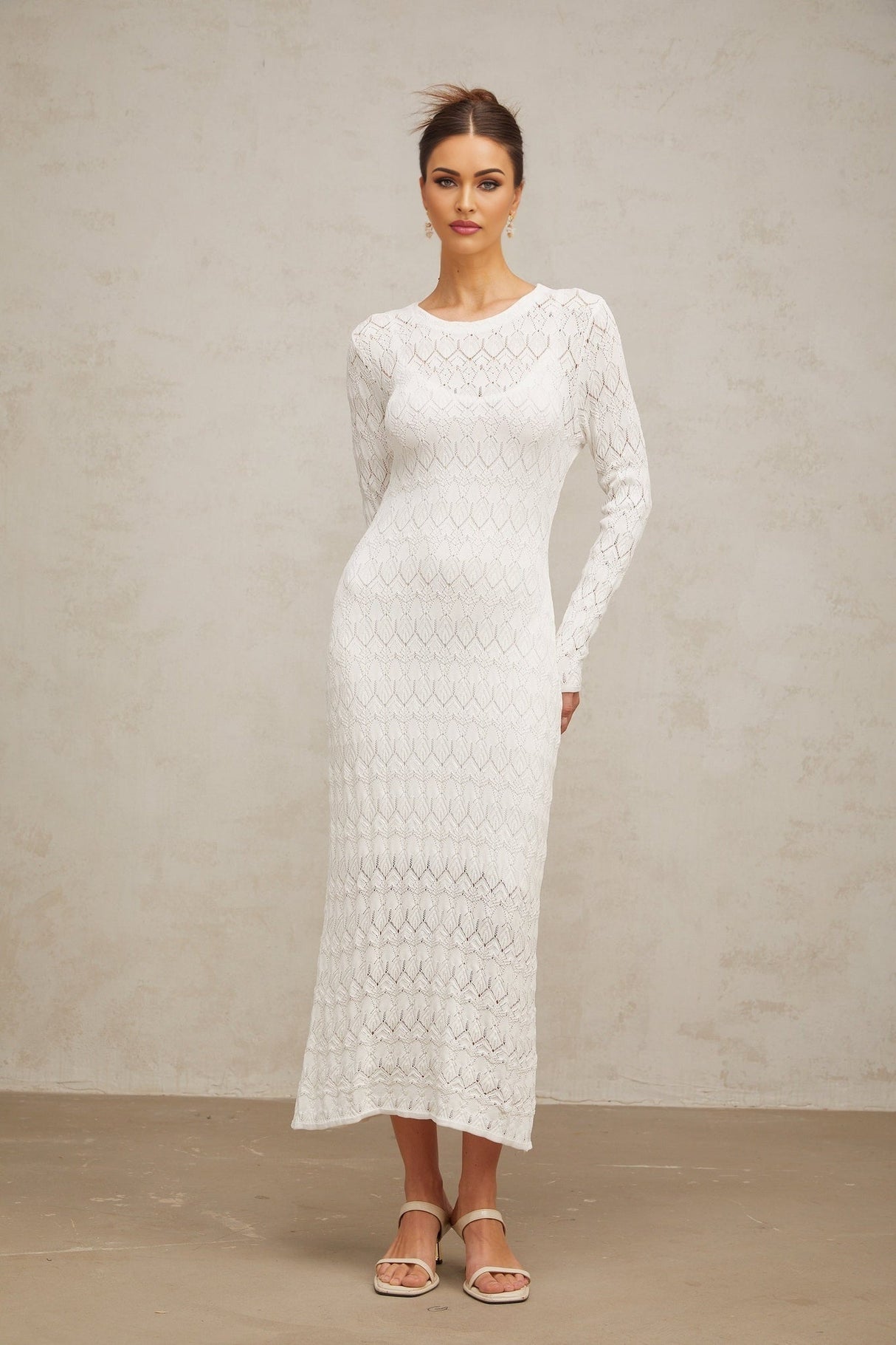 Angelica Midi Dress - Round Neck - Long Sleeves - Crochet Knit - Rear Slit