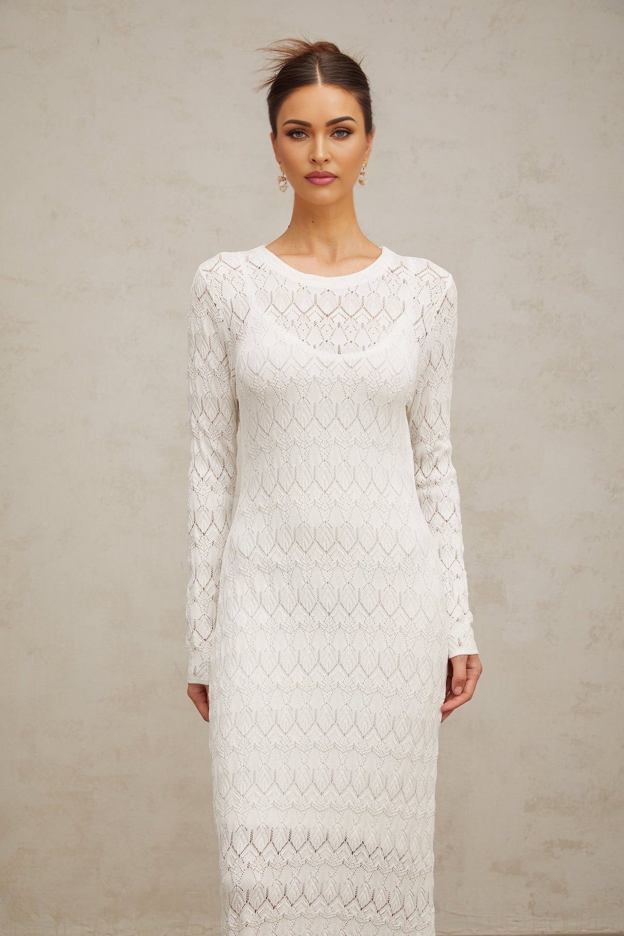Angelica Midi Dress - Round Neck - Long Sleeves - Crochet Knit - Rear Slit