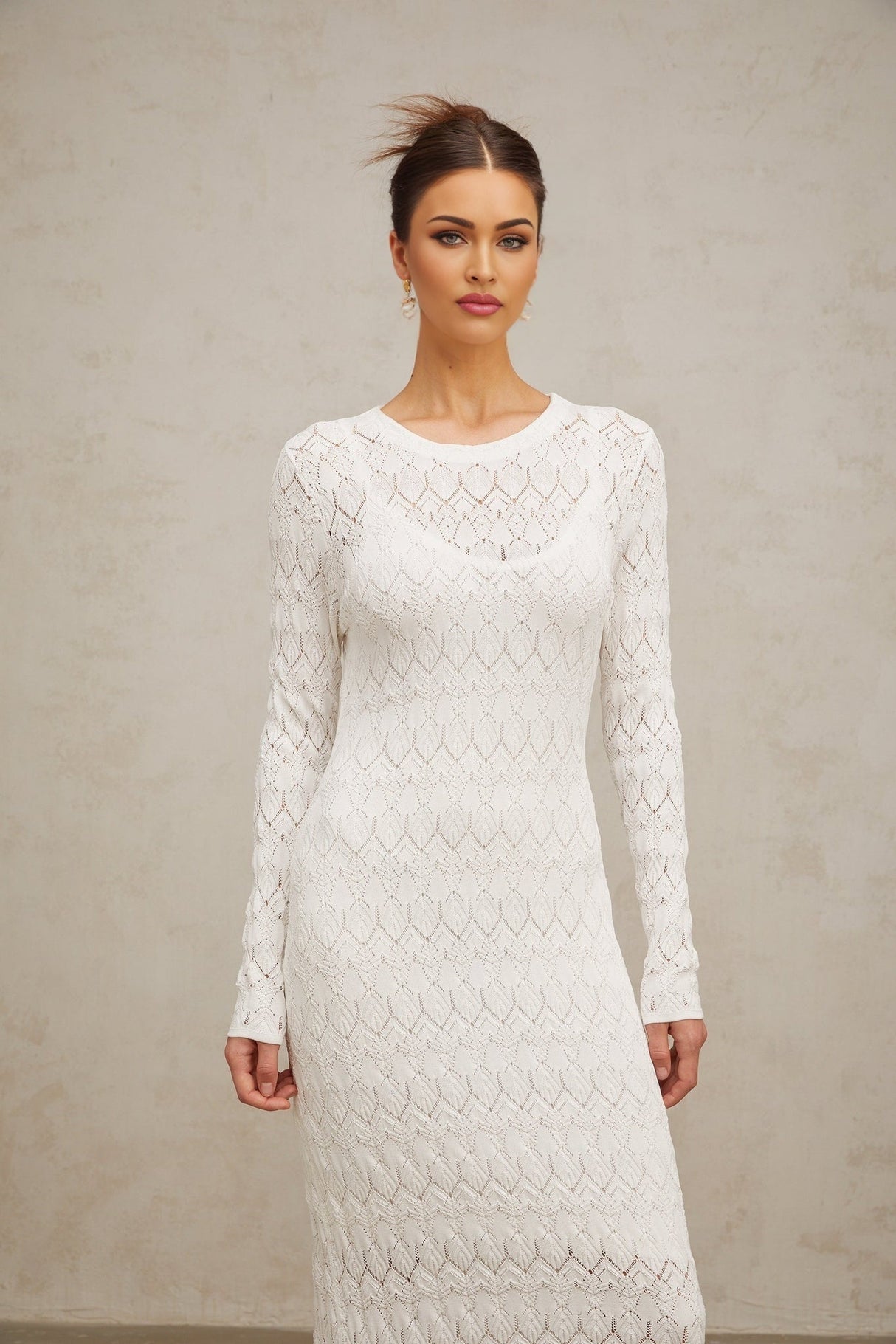 Angelica Midi Dress - Round Neck - Long Sleeves - Crochet Knit - Rear Slit