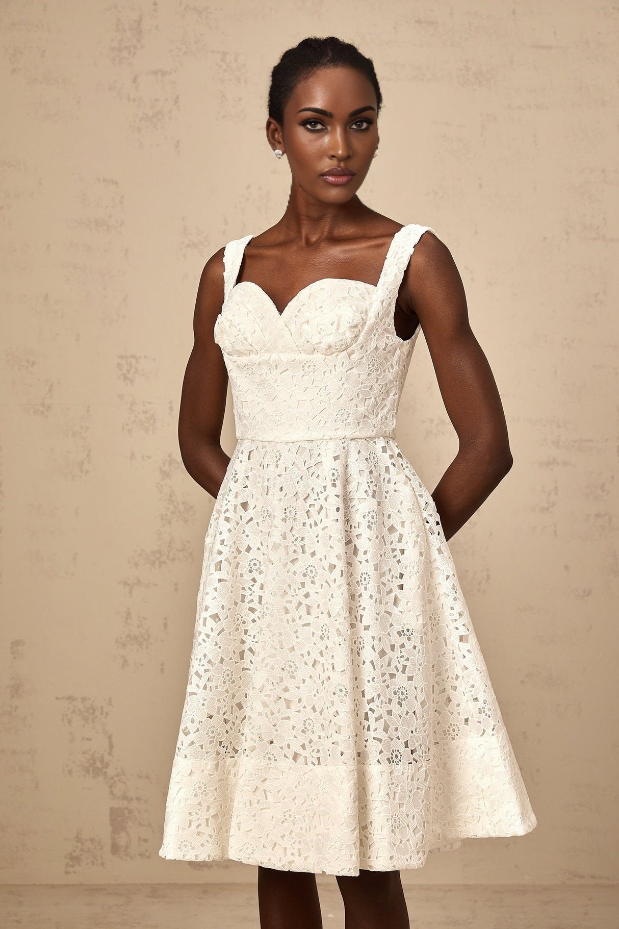 Angelica Midi Dress - Sleeveless Sweetheart Neck - Cinched Waist - Floral Lace Overlay - Flared Hem
