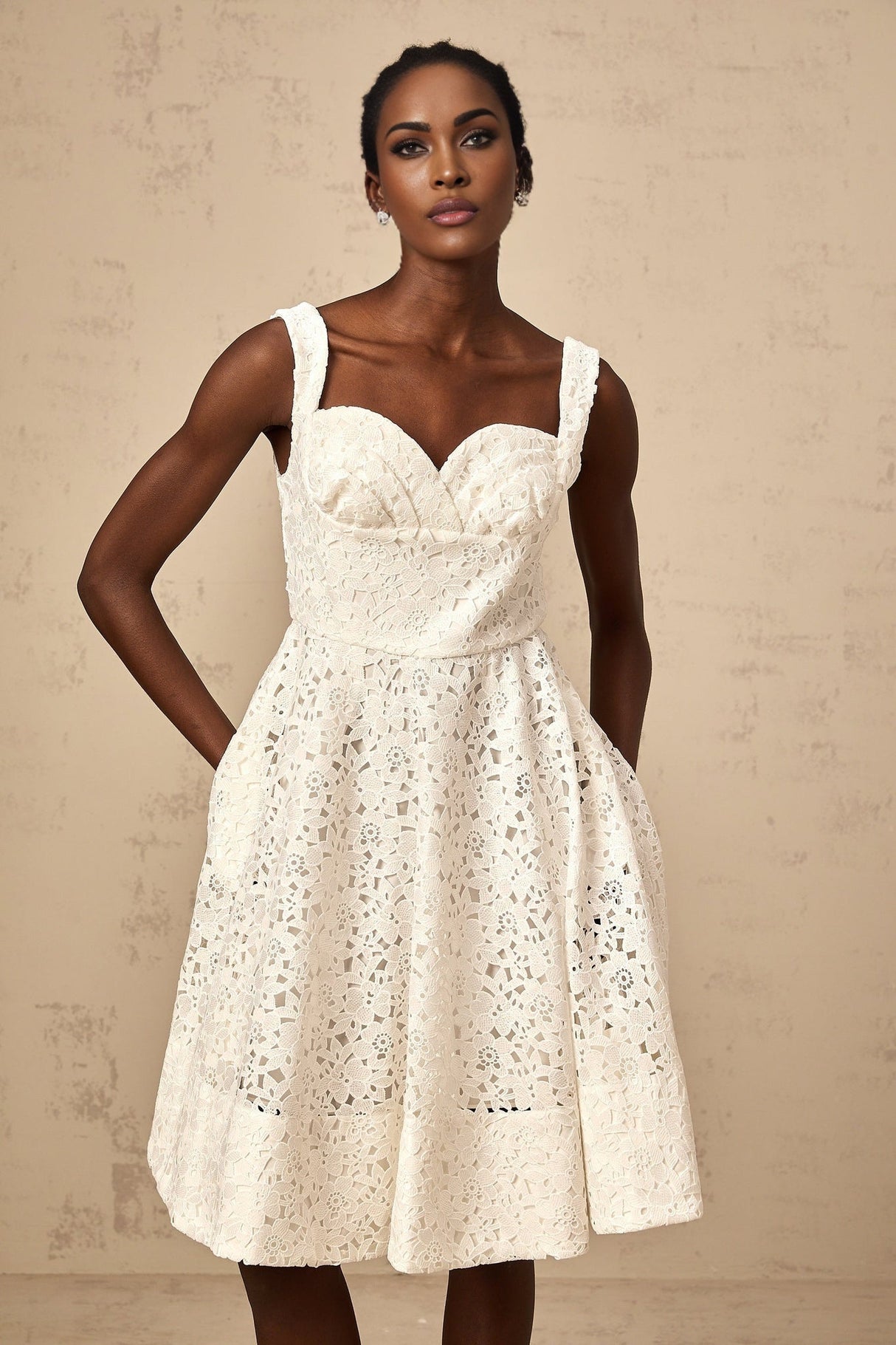 Angelica Midi Dress - Sleeveless Sweetheart Neck - Cinched Waist - Floral Lace Overlay - Flared Hem