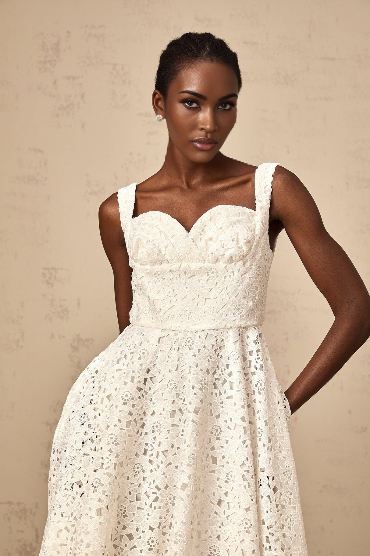 Angelica Midi Dress - Sleeveless Sweetheart Neck - Cinched Waist - Floral Lace Overlay - Flared Hem