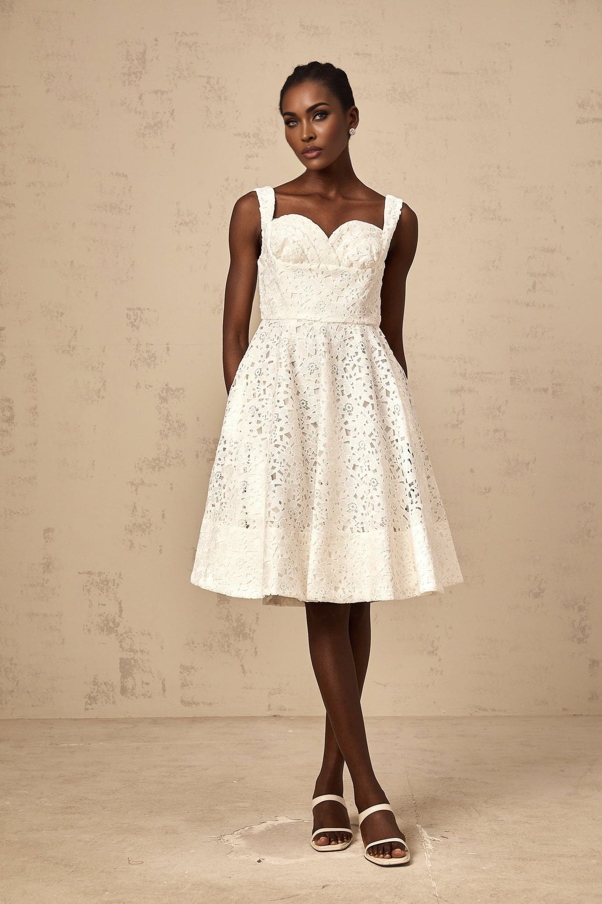 Angelica Midi Dress - Sleeveless Sweetheart Neck - Cinched Waist - Floral Lace Overlay - Flared Hem