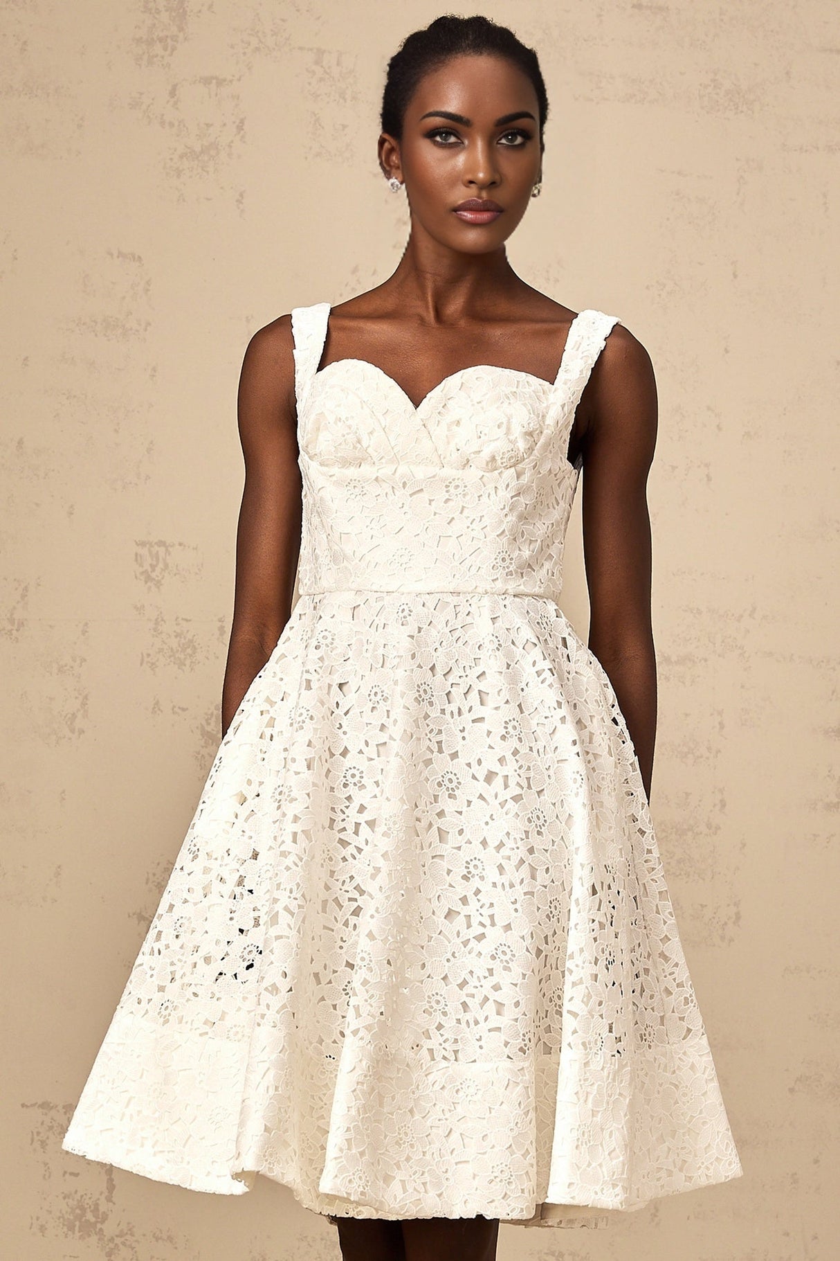 Angelica Midi Dress - Sleeveless Sweetheart Neck - Cinched Waist - Floral Lace Overlay - Flared Hem
