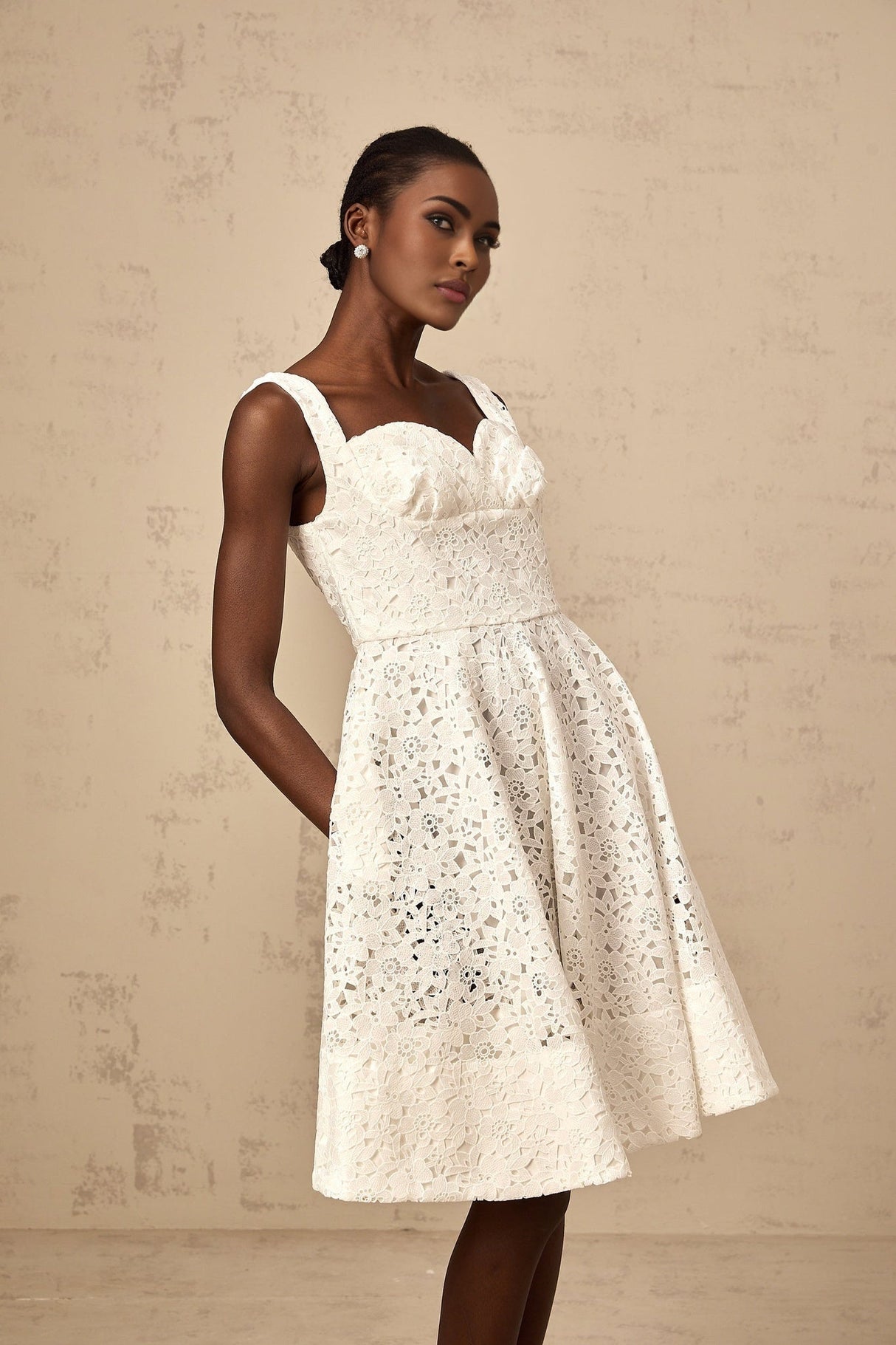Angelica Midi Dress - Sleeveless Sweetheart Neck - Cinched Waist - Floral Lace Overlay - Flared Hem