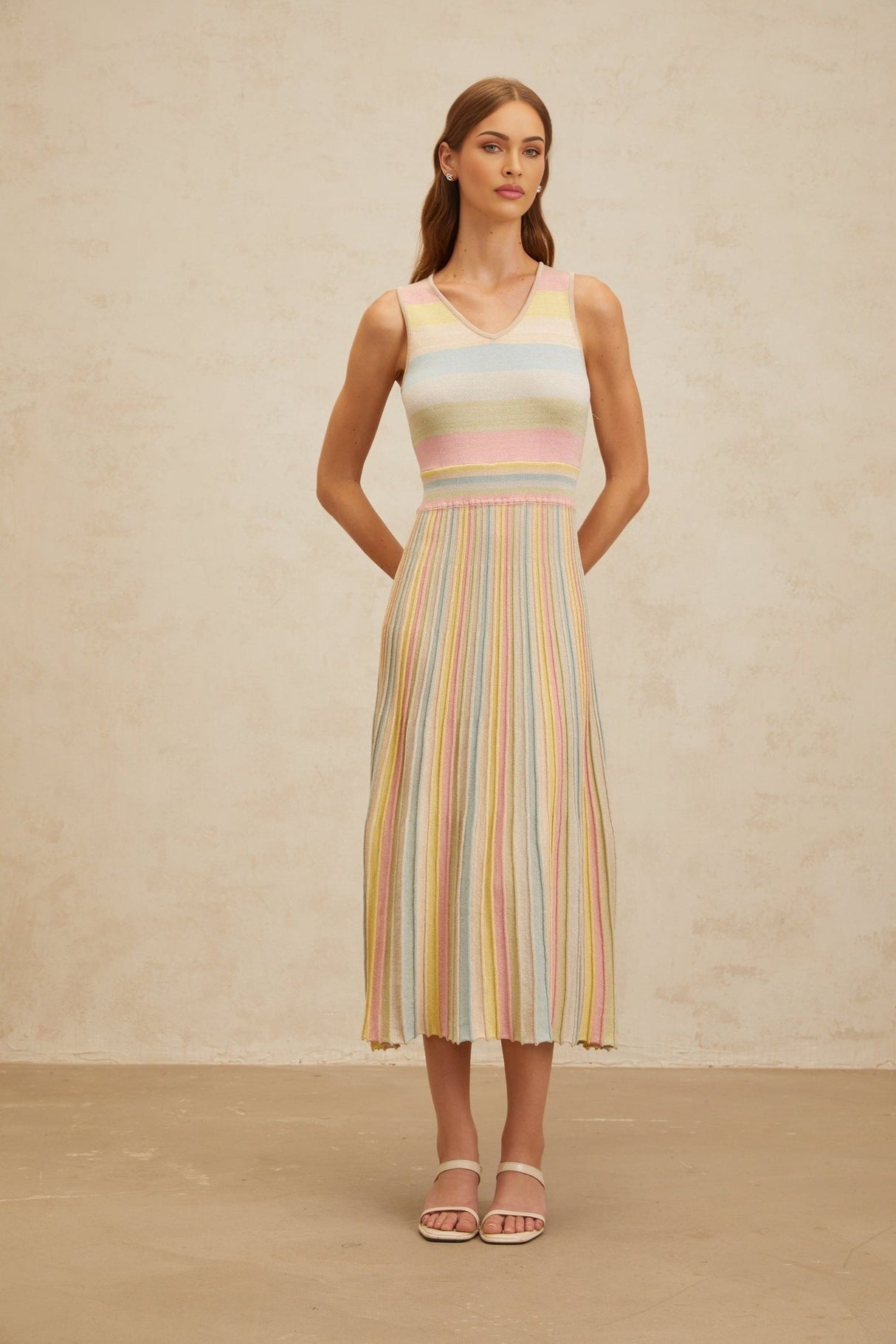 Angelica Midi Dress - Sleeveless - V - Neck - Fitted Waistline - Pleated Detailing - Stripe Pattern