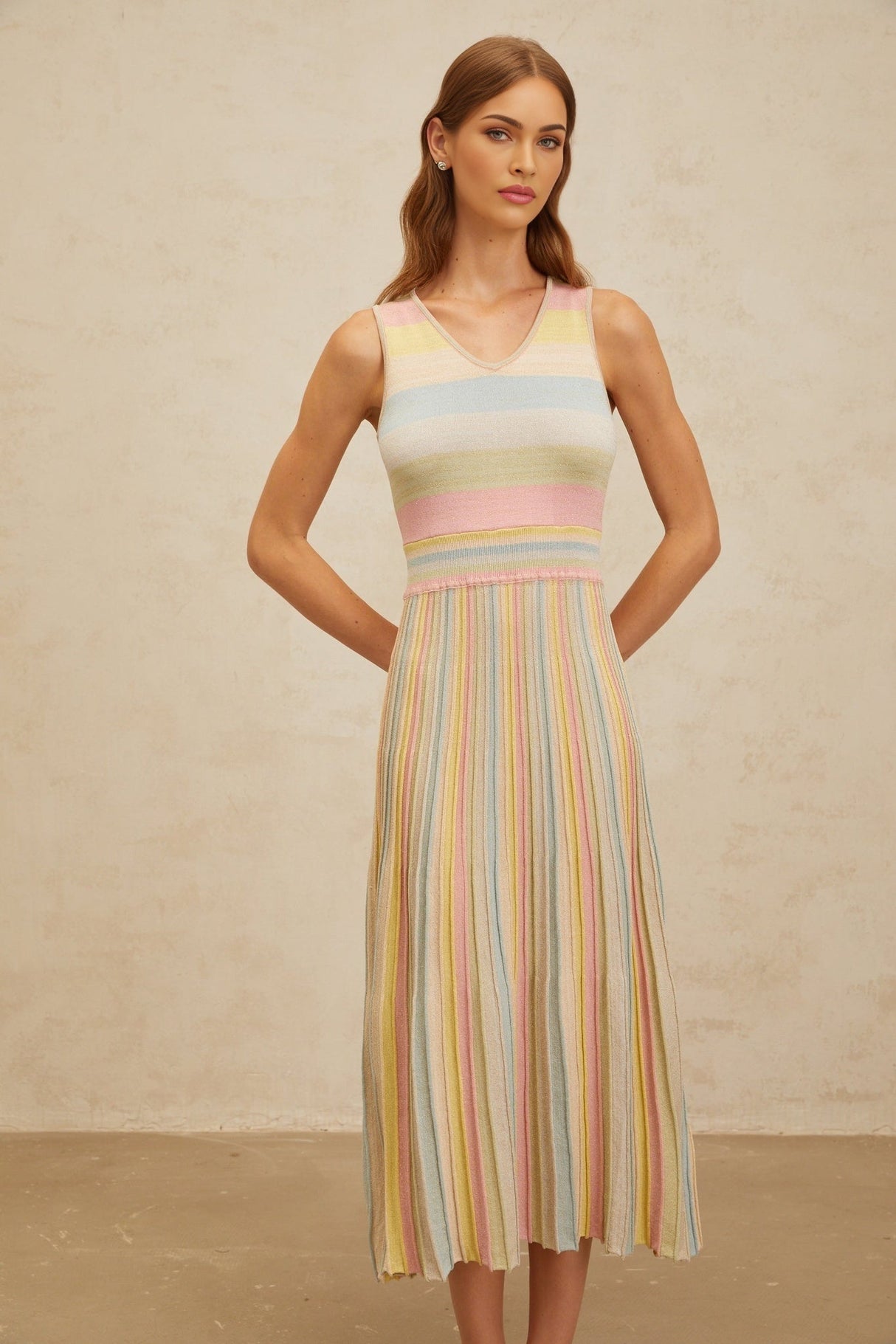 Angelica Midi Dress - Sleeveless - V - Neck - Fitted Waistline - Pleated Detailing - Stripe Pattern