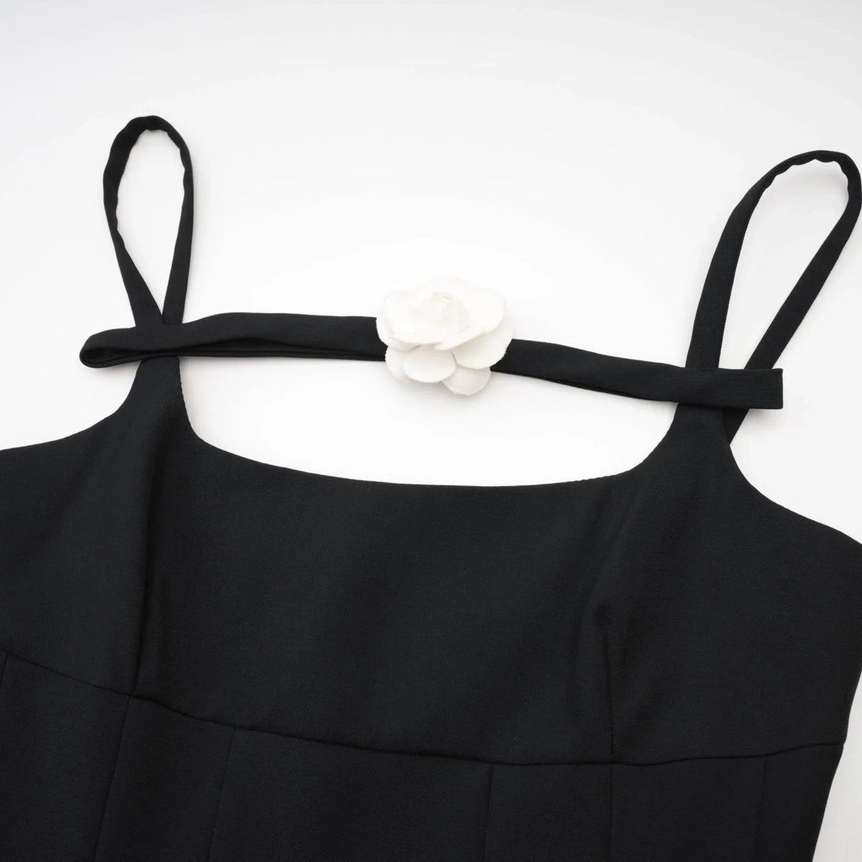 Angelica Mini Dress - Camellia Decorated Square Neckline - Open Back Design - Spaghetti Straps - Fully Pleated