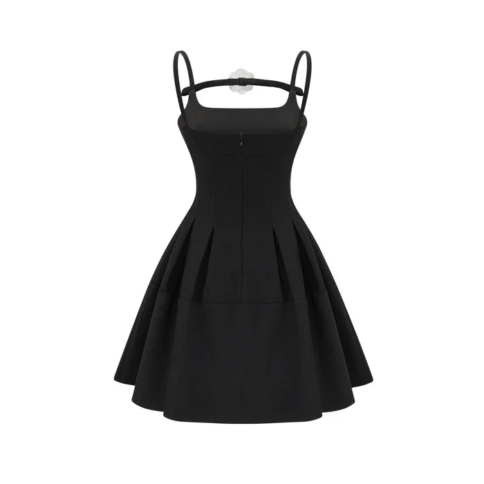 Angelica Mini Dress - Camellia Decorated Square Neckline - Open Back Design - Spaghetti Straps - Fully Pleated