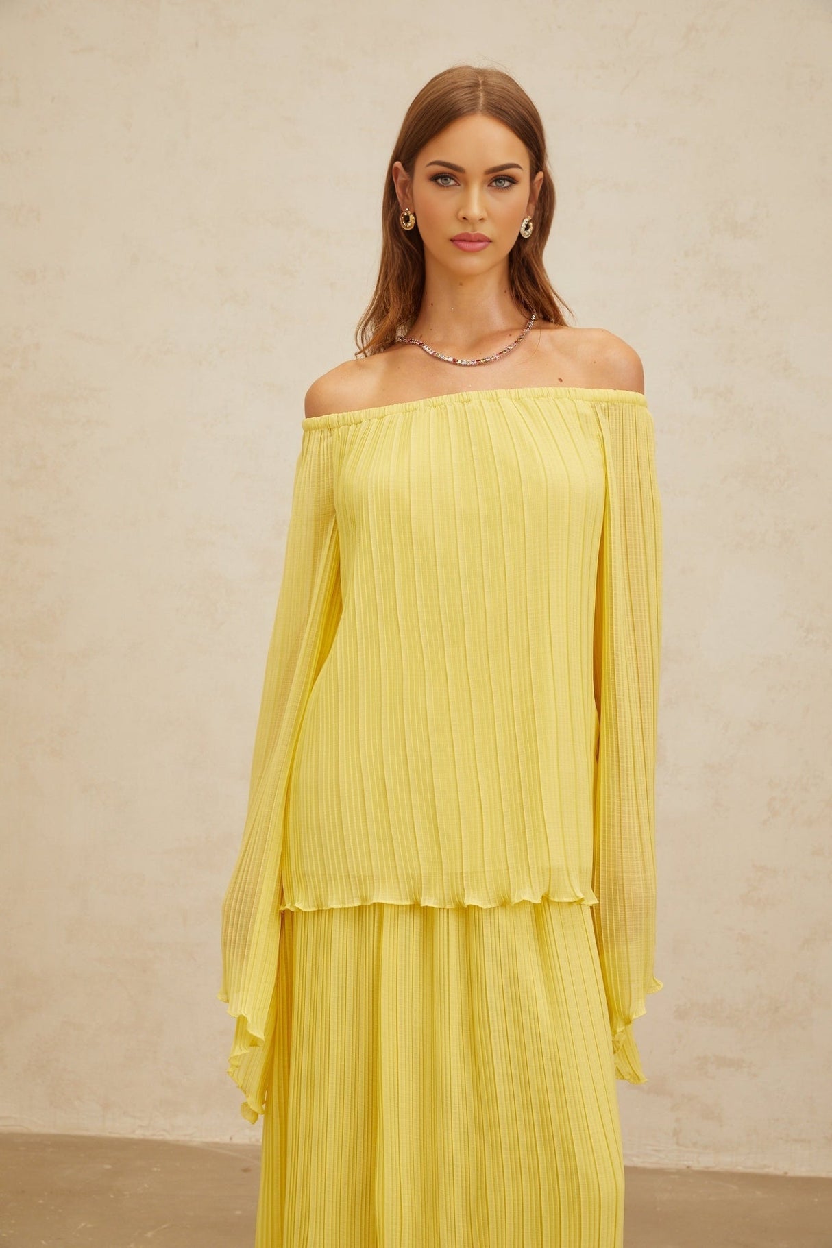 Angelina Blouse & Skirt Set - Vibrant Yellow - Off - The - Shoulder - Pleated Ruffled Hem
