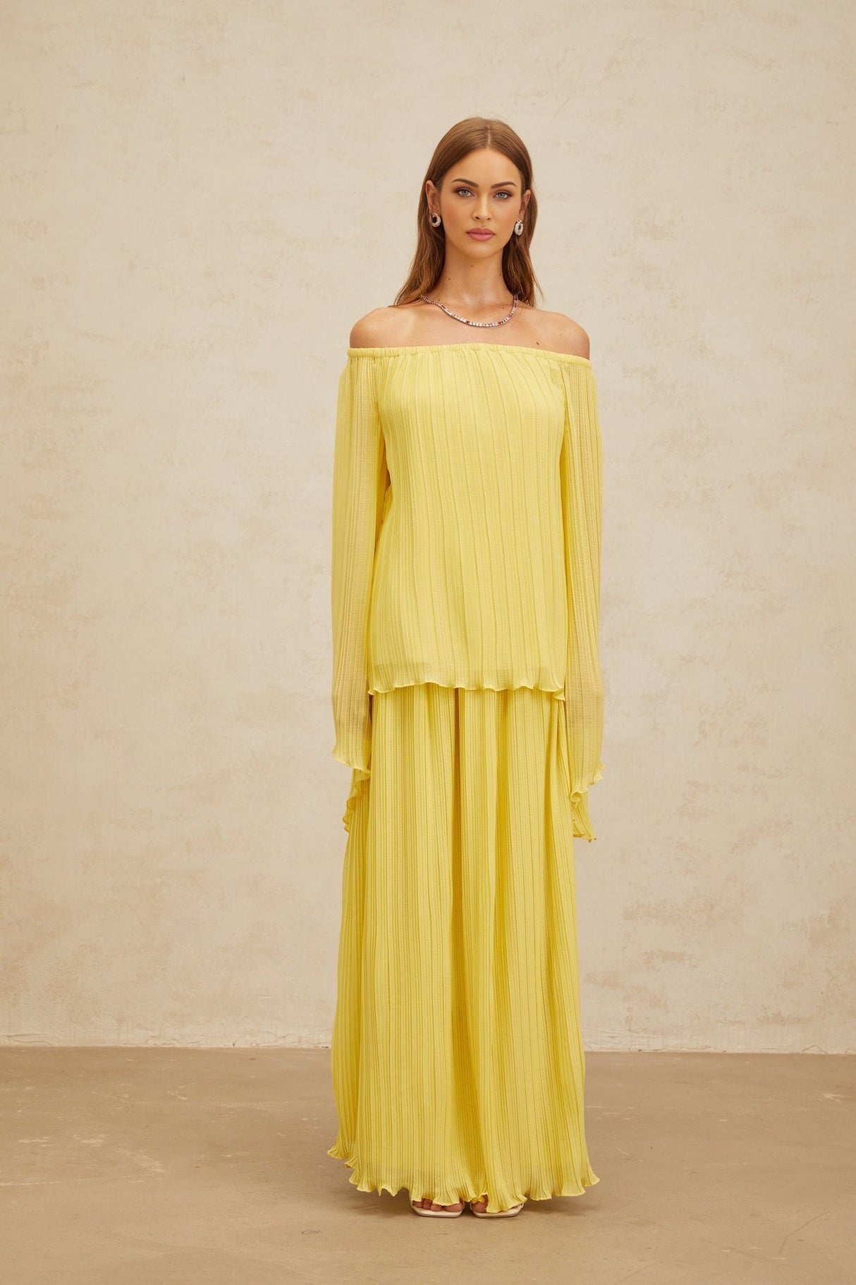 Angelina Blouse & Skirt Set - Vibrant Yellow - Off - The - Shoulder - Pleated Ruffled Hem