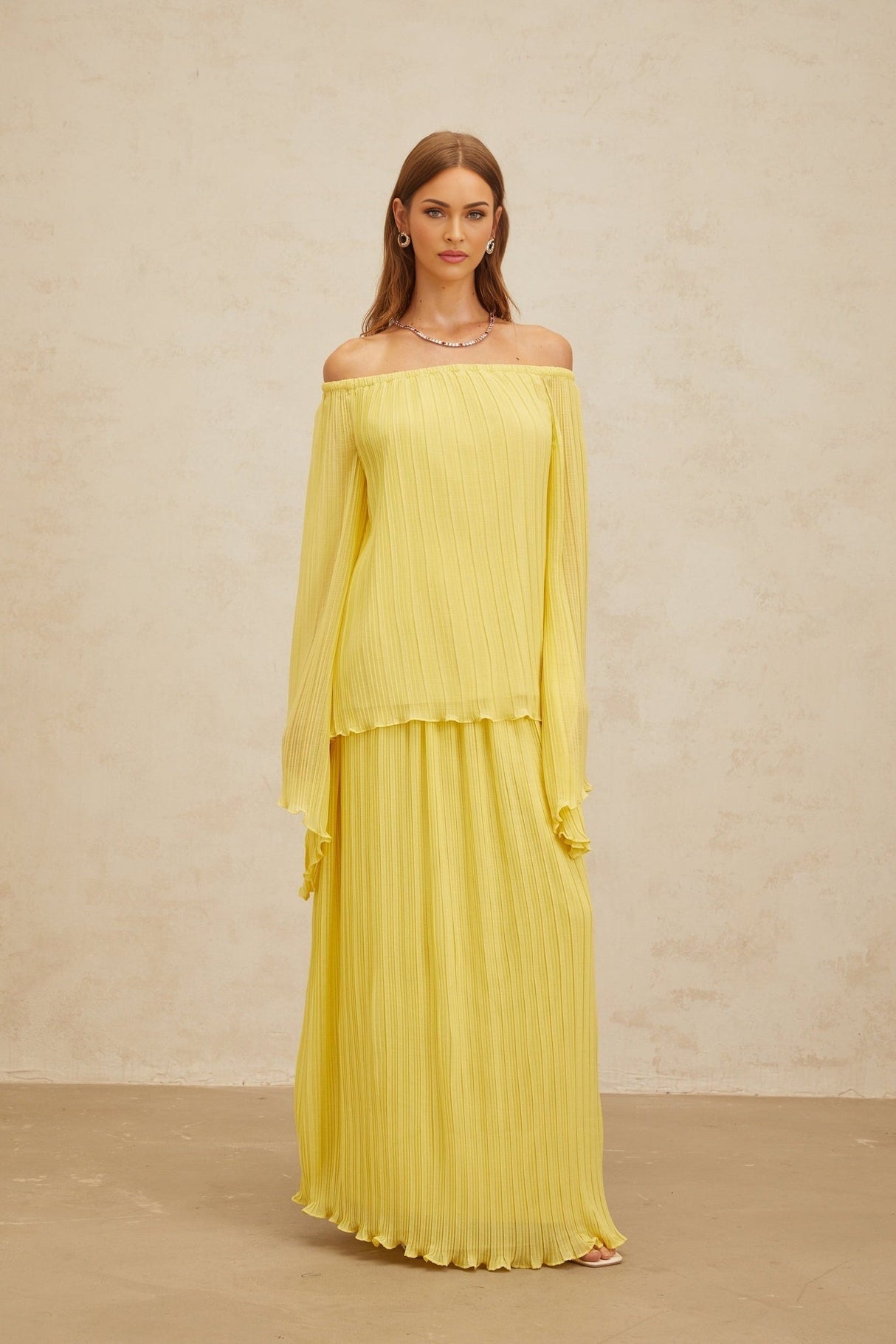 Angelina Blouse & Skirt Set - Vibrant Yellow - Off - The - Shoulder - Pleated Ruffled Hem