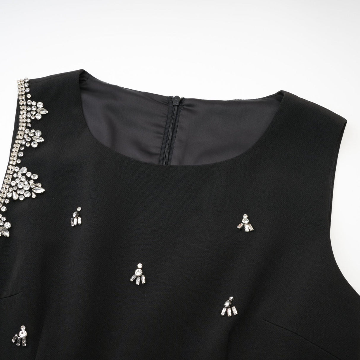 Angelina Dress - Sleeveless - Round Neck - Cut - Out Crystal Embellished Zip Thigh - Length