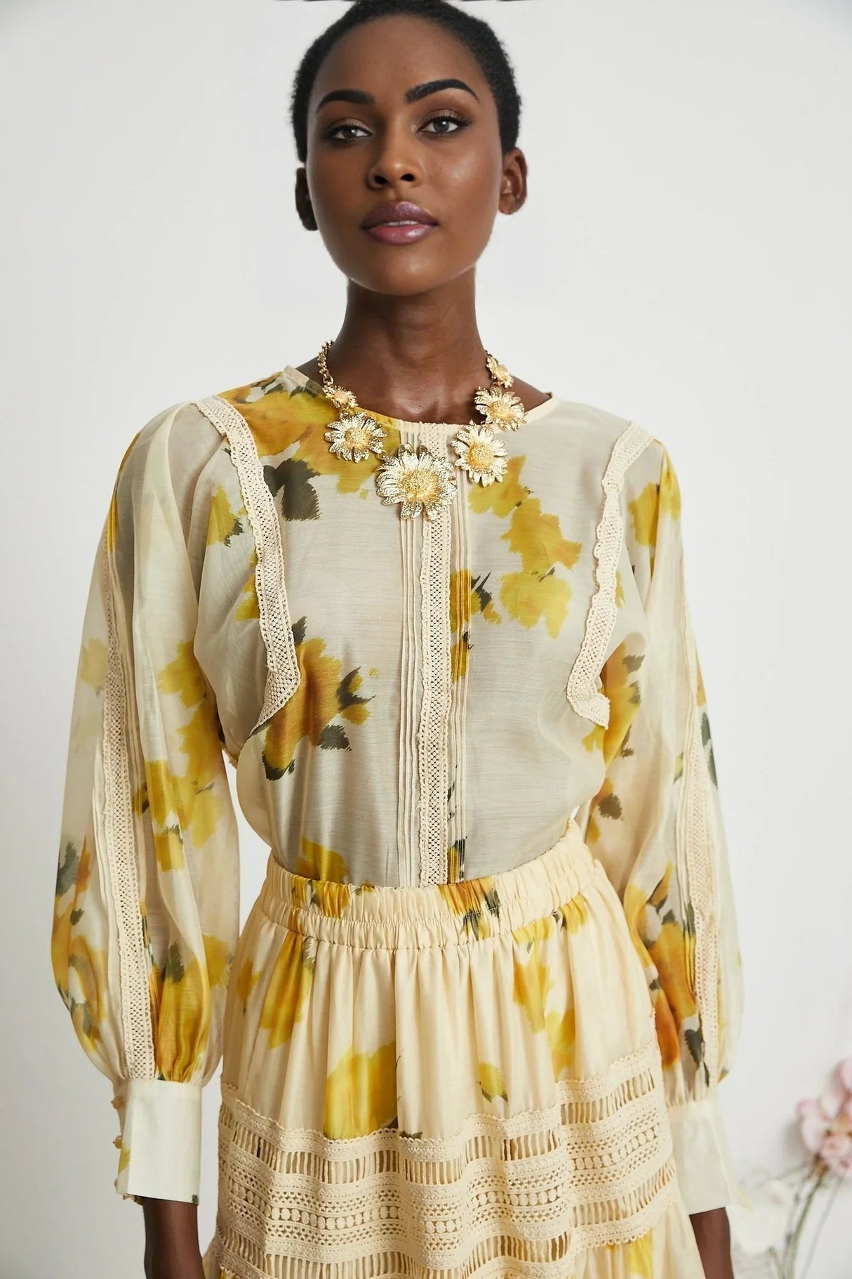 Angelina Floral Midi Dress - Round Neck Blouse - Buttoned Cuffs - Semi - Sheer with Rear Button Fastening and Lace Details