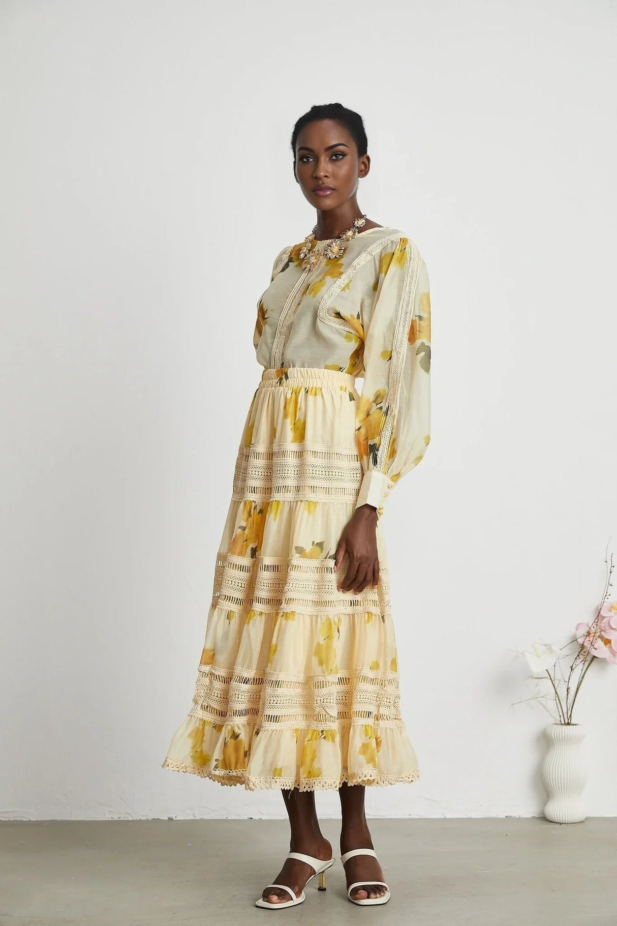 Angelina Floral Midi Dress - Round Neck Blouse - Buttoned Cuffs - Semi - Sheer with Rear Button Fastening and Lace Details