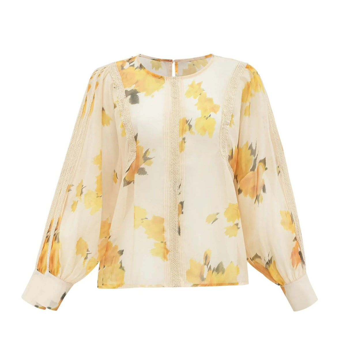 Angelina Floral Midi Dress - Round Neck Blouse - Buttoned Cuffs - Semi - Sheer with Rear Button Fastening and Lace Details