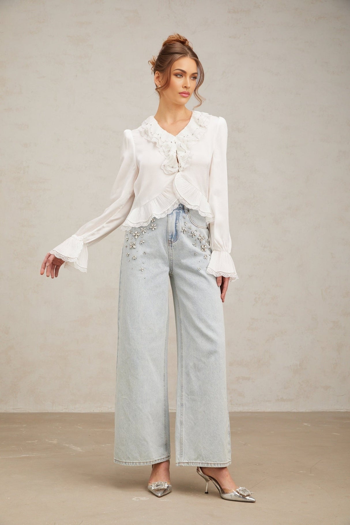 Angelina Shirt - V - Neck - Long Flared Sleeves - Lace Trim - Rhinestone Embellishment