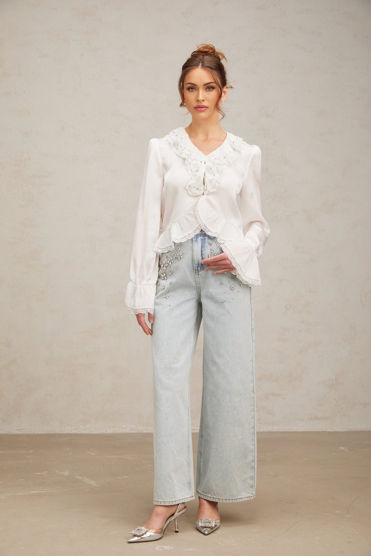 Angelina Shirt - V - Neck - Long Flared Sleeves - Lace Trim - Rhinestone Embellishment