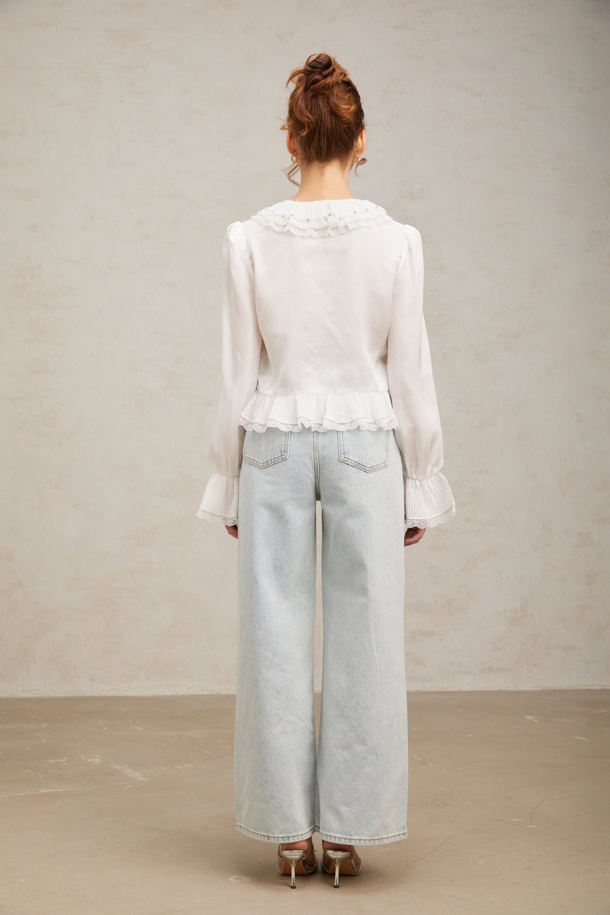 Angelina Shirt - V - Neck - Long Flared Sleeves - Lace Trim - Rhinestone Embellishment