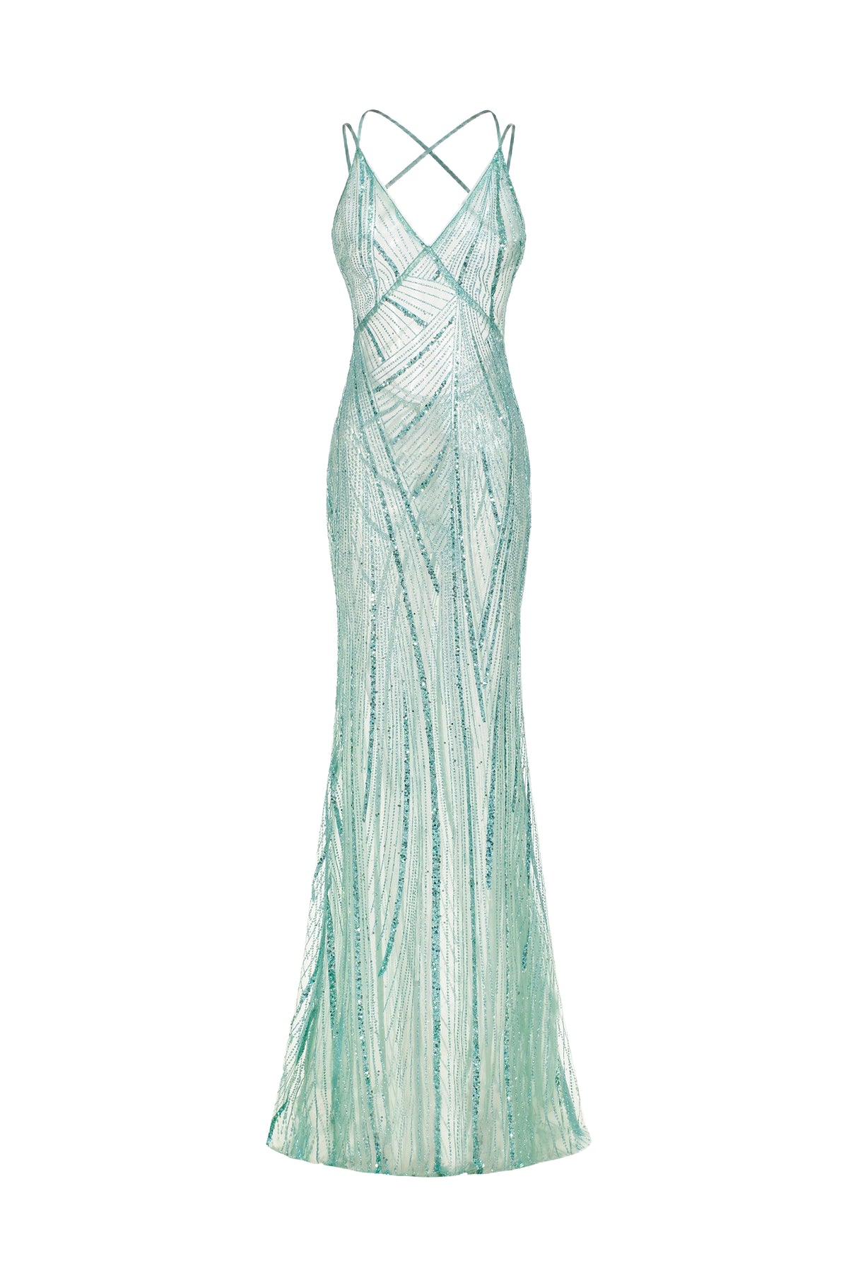 Angioletta Teal Maxi Gown Beaded Detailing Sheer Fabric Spaghetti Straps Plunging Neckline Figure-Hugging Silhouette Dress